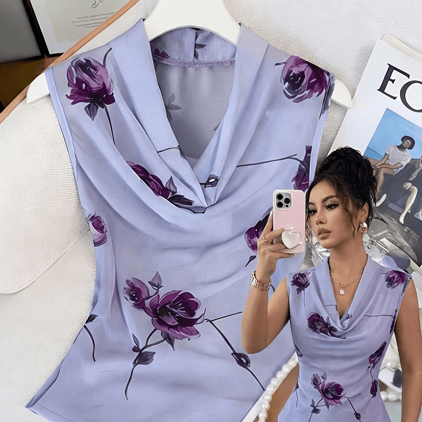 TEMU Purple Rose Print Scoop Neck Sleeveless Chiffon Shirt, Women's Summer Slim