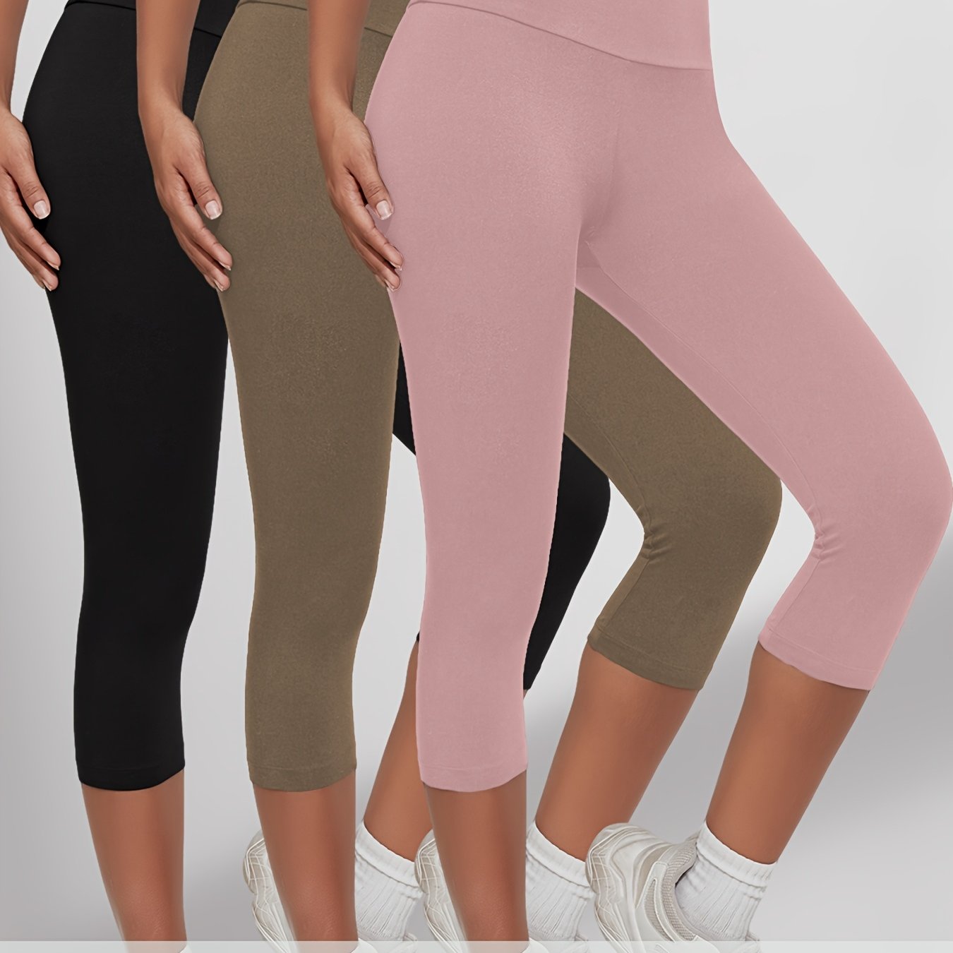 Image of 3 Pack Women' High Waisted Tummy Control Yoga Leggings - Full-length Suitable For Workout Running Capri Pants, No , Opaque Workout Pants, Gym Wear