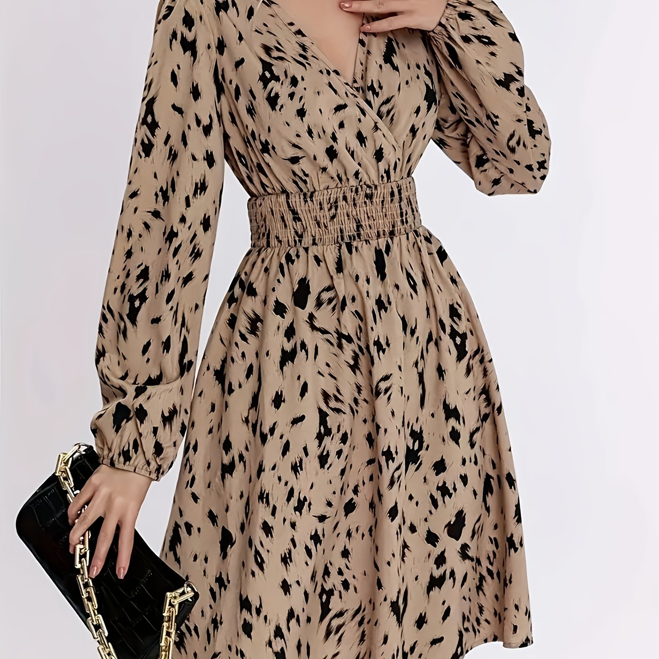 TEMU Women's Elegant Leopard Print V-neck Maxi Dress - Long Sleeve A-line Formal & Casual Dress, Beige & Print, Flattering Fit For Parties, Office,
