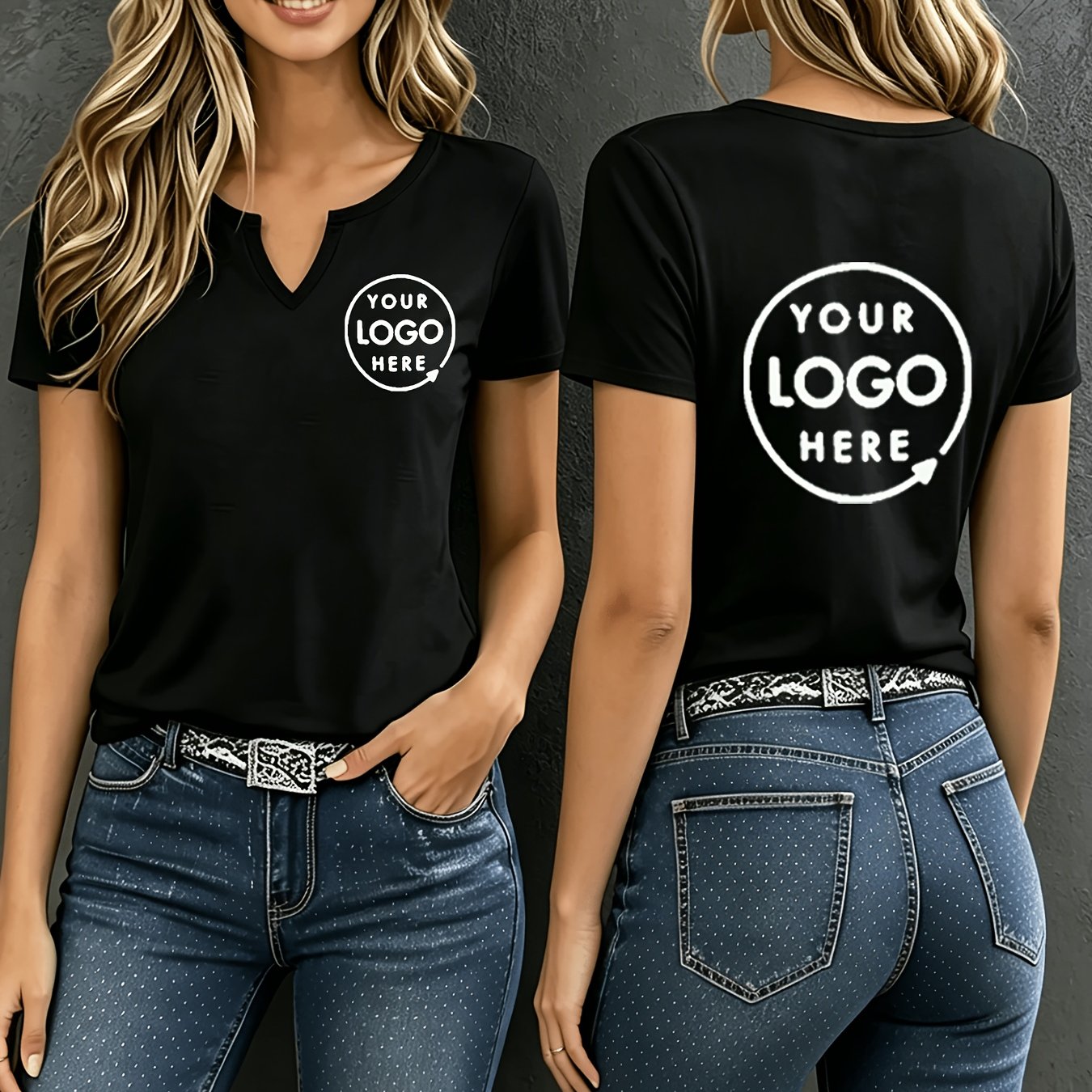 TEMU Custom Casual Fashion Versatile T-shirt Women's V-neck Printed Top Customization -sided Customization