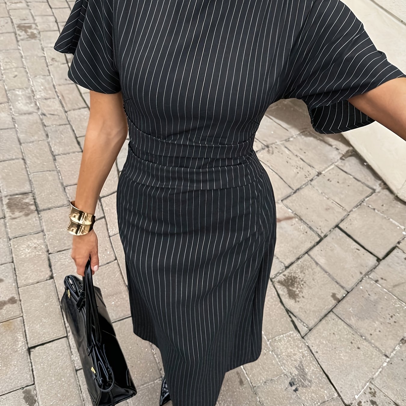 E-shop Damen Slim--Kleid mit elastischem Bund – gestreiftes Bleistiftkleid für Büro & Pendeln, maschinenwaschbarer Rock – Elegante Bürokleidung