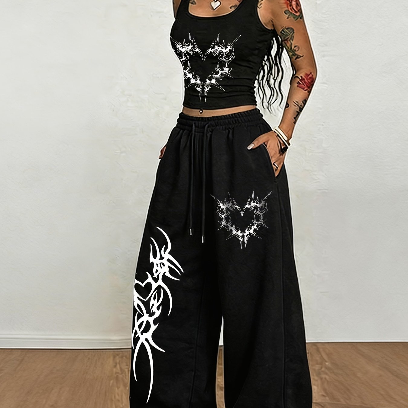 TEMU Gothic Style Thorn Heart Pattern Print, Women'-piece Set, Women's Crop Top Vest And Elastic Waist Drawstring Casual Athletic Wide-leg Long Pants