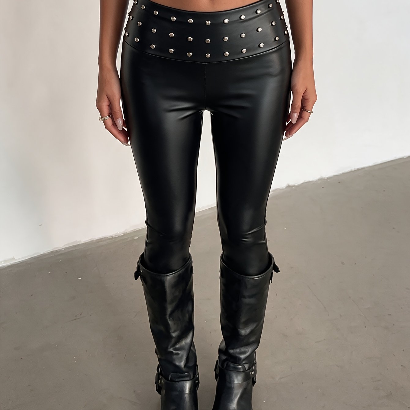 TEMU Pantalon pour femme en PU à haute élasticité - Legging moulant noir uni adapté aux , aux et aux tenues toute l'année | Pantalon non extensible