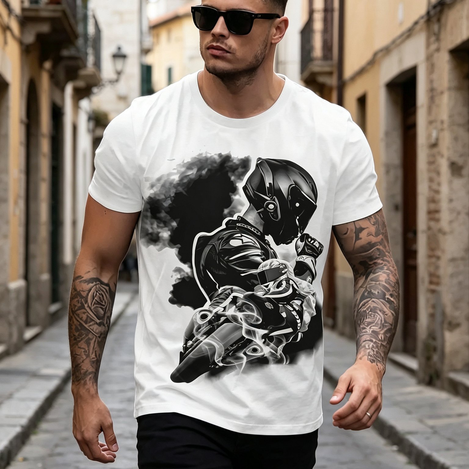 TEMU Men's Motorcycle Rider T-shirt - Large Motorbike Print Crew Neck Short Sleeve Tee, Black & Suitable For Summer Streetwear, Casual Apparel,