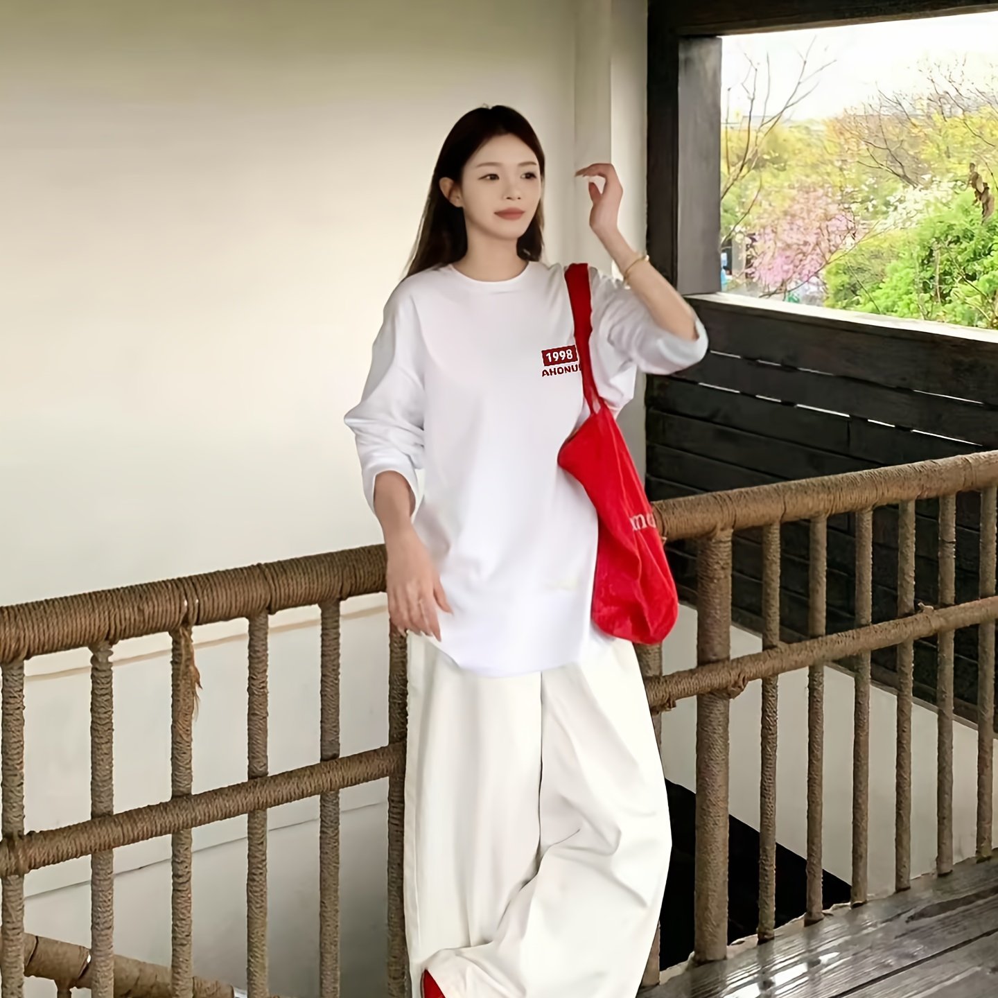 TEMU 아메리칸 빈티지 스타일 여성용 화이트 긴팔 티셔츠, 루즈하고 느긋한 스타일, 니치 가을 여성 상의