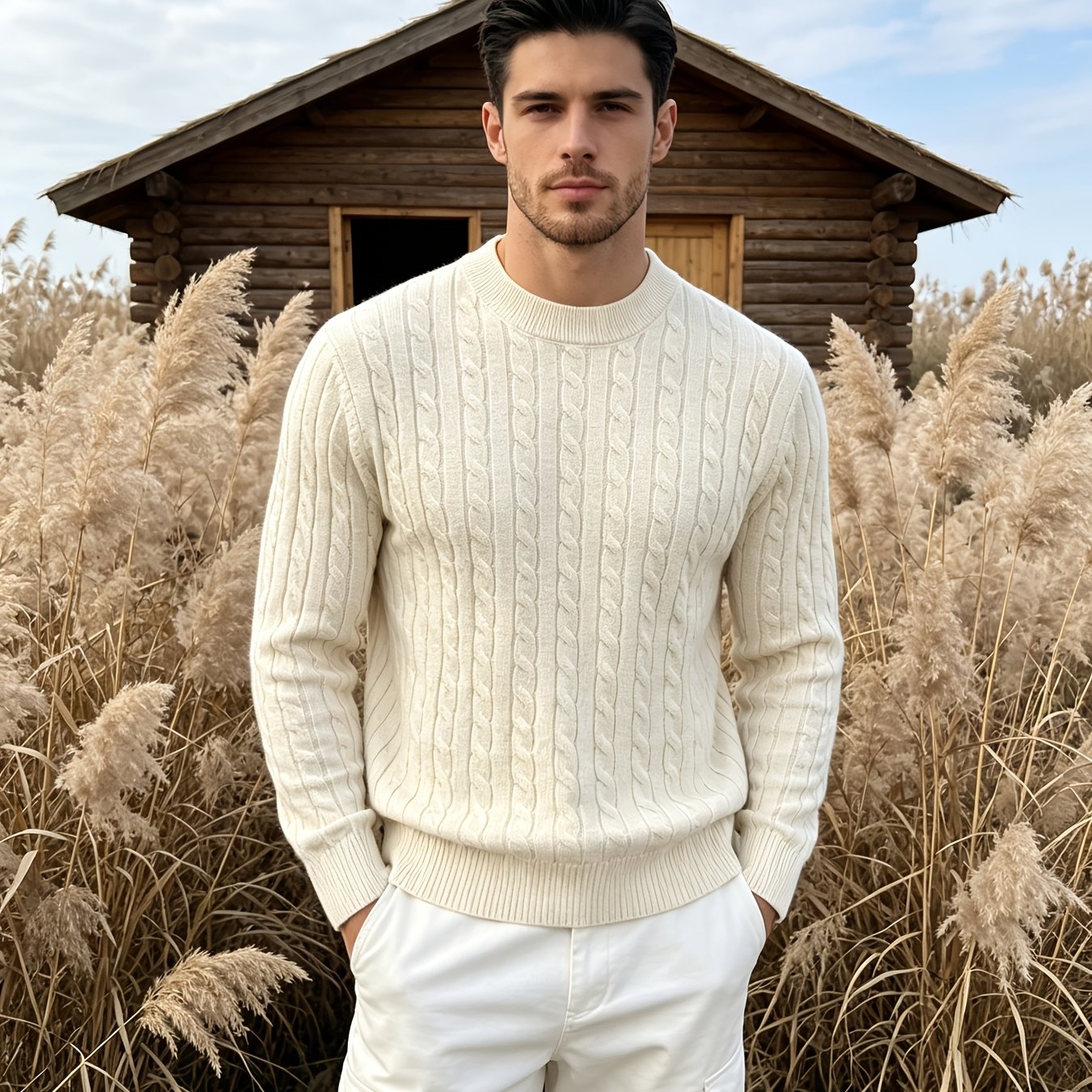 TEMU Men's Retro Round Neck Cable Knit Sweater, 3d Twist Texture Soft And Skin-friendly, Slim Regular Fit Slimming Versatile, Fall Winter Daily ,