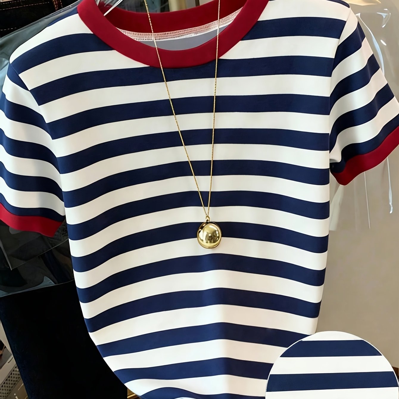 E-shop Gestreiftes Damen T-Shirt mit Rundhalsausschnitt, lässig, vielseitig, für den , Kurzarm