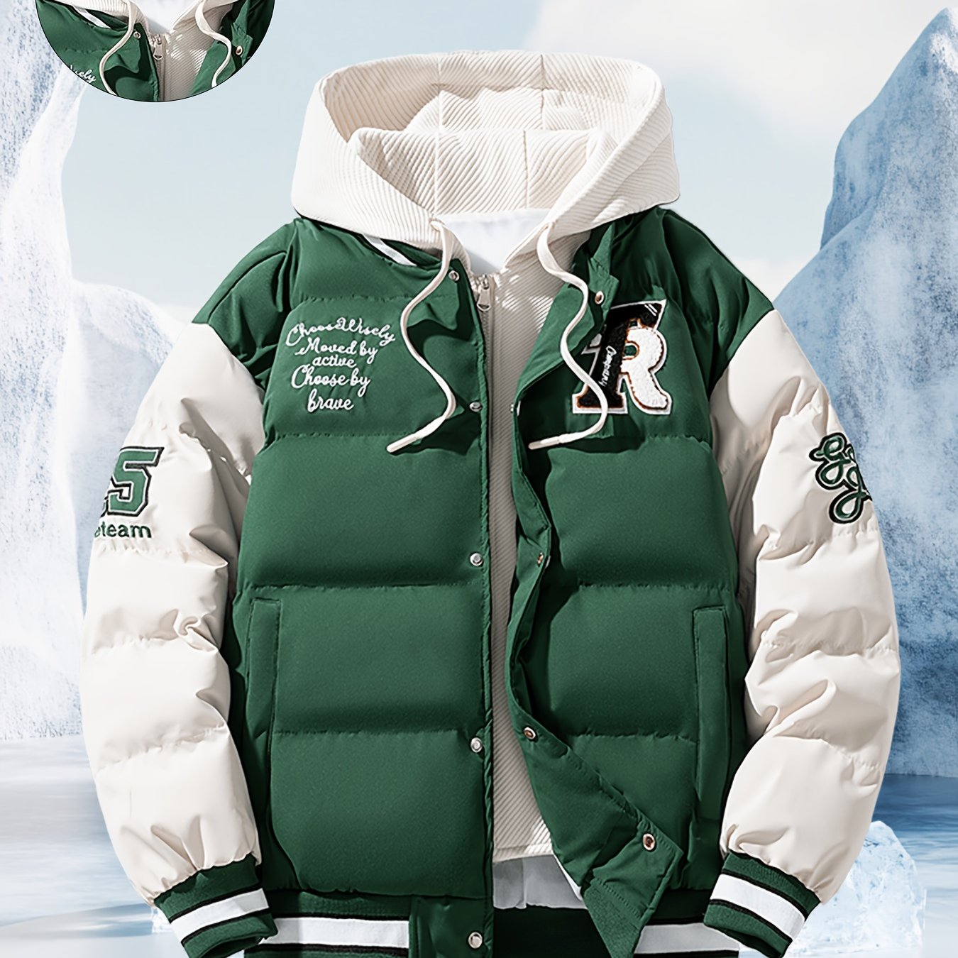 TEMU Veste de mode d'hiver pour homme, Parka tendance à capuche avec imprimé lettres, Veste matelassée pour couple, fermeture éclair, boutonnage,