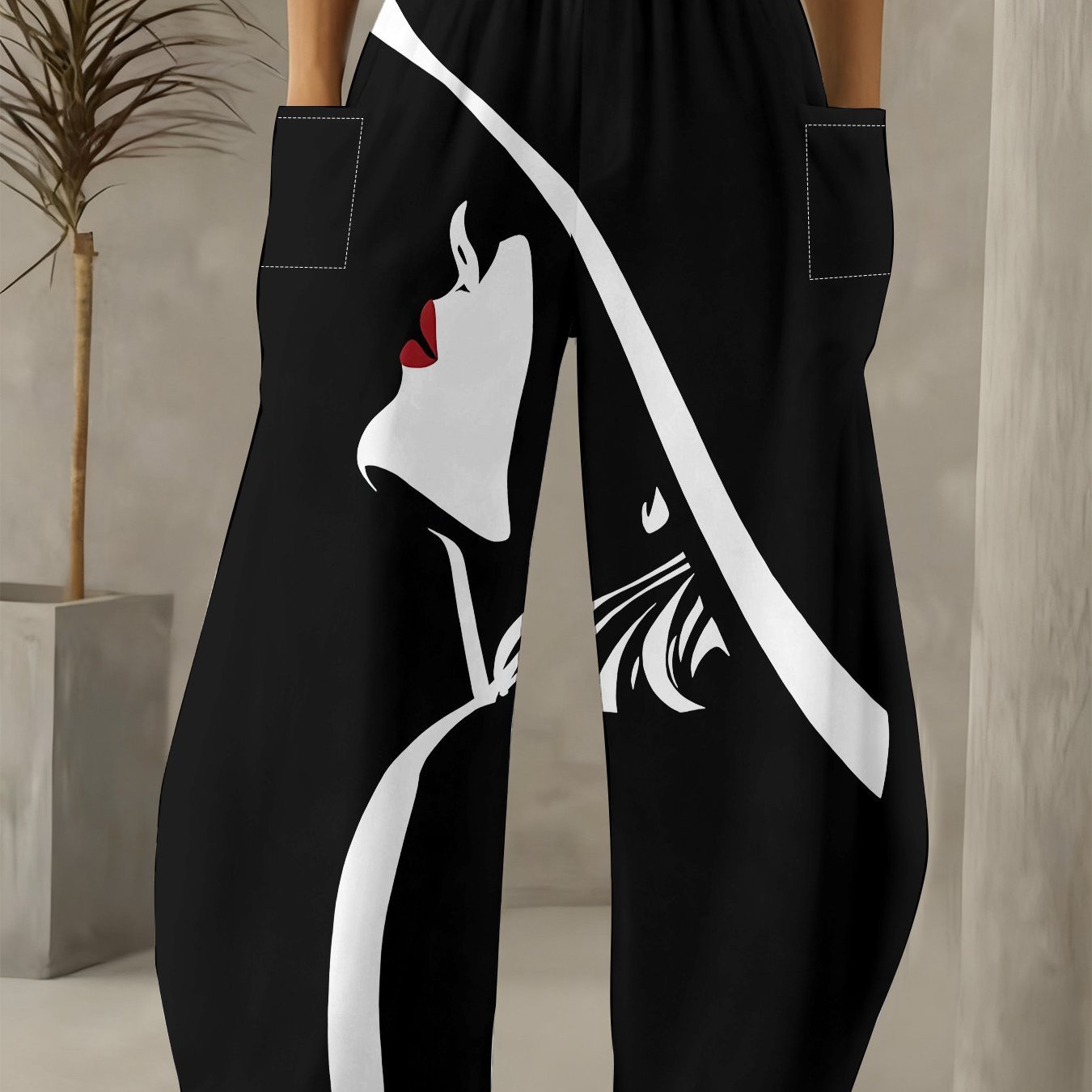 TEMU Plus Size - Plus Size - Plus-size Women's Loose Wide-leg Pants Featuring Abstract Prints, Made From Fiber Fabric, With A Comfortable Elastic