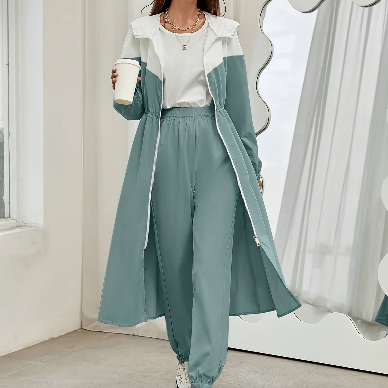 TEMU Ensemble 2 pièces d'automne pour femmes WY260622044, comprenant une veste à capuche et un pantalon à blocs de couleurs