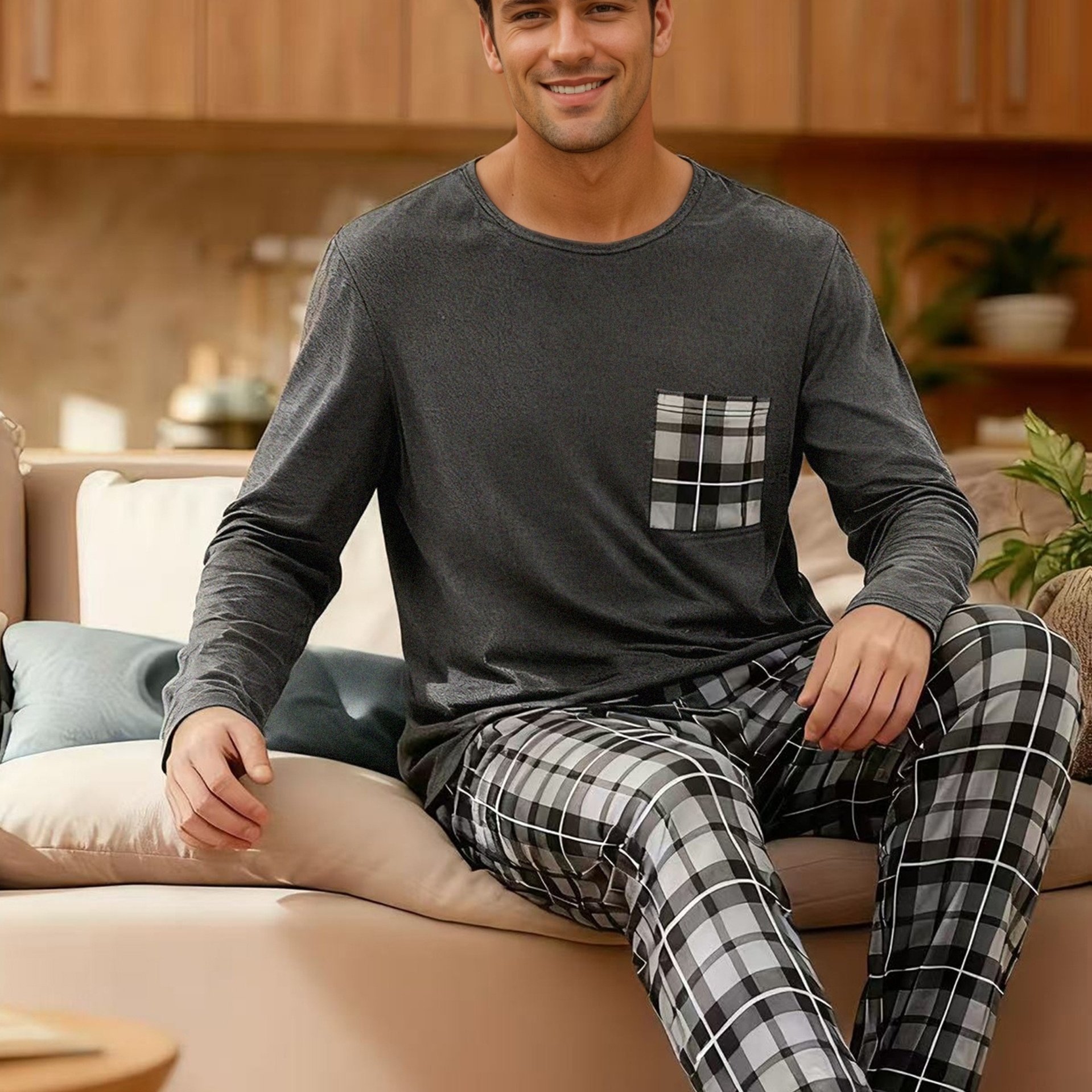 TEMU Conjunto de ropa de estar por casa para hombre de larga y pantalones largos a cuadros de color liso (estampado de bolsillo aleatorio)