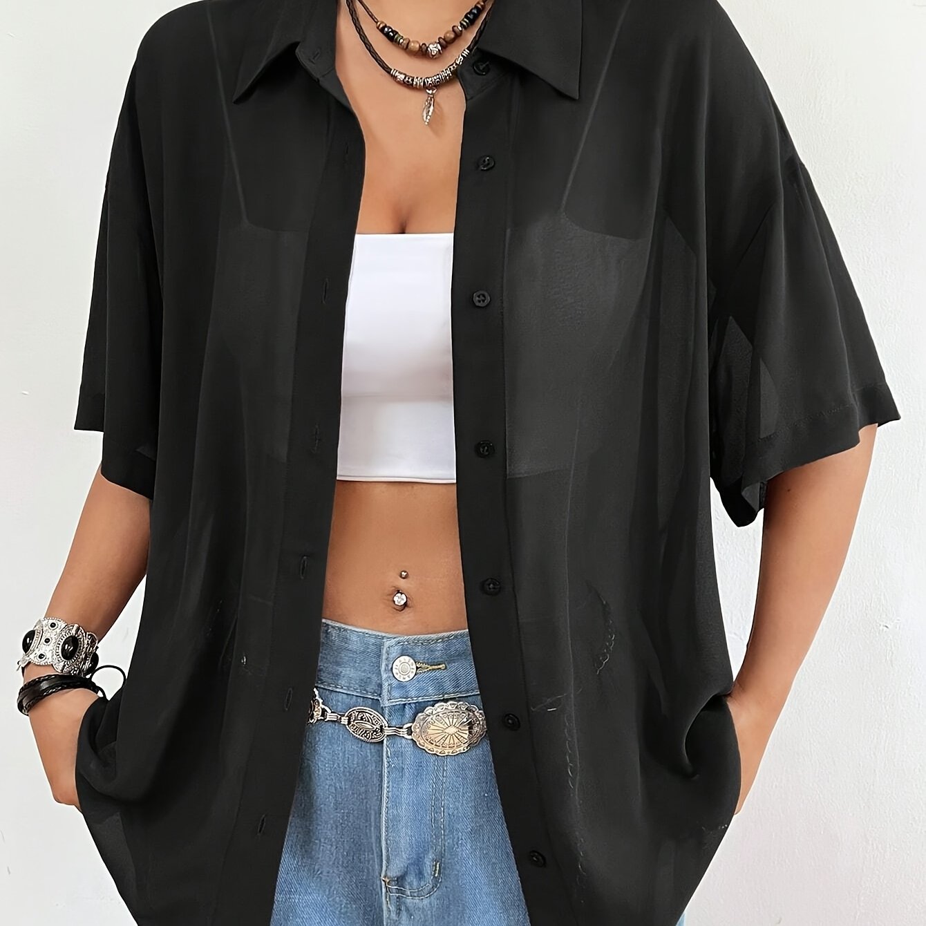 E-shop Damen Elegante Schwarze Schleier Halbarm Knopfleiste Hemd - Lässiger Retro Stil, Leicht & Atmungsaktiv für Frühling/Sommer, Lässige