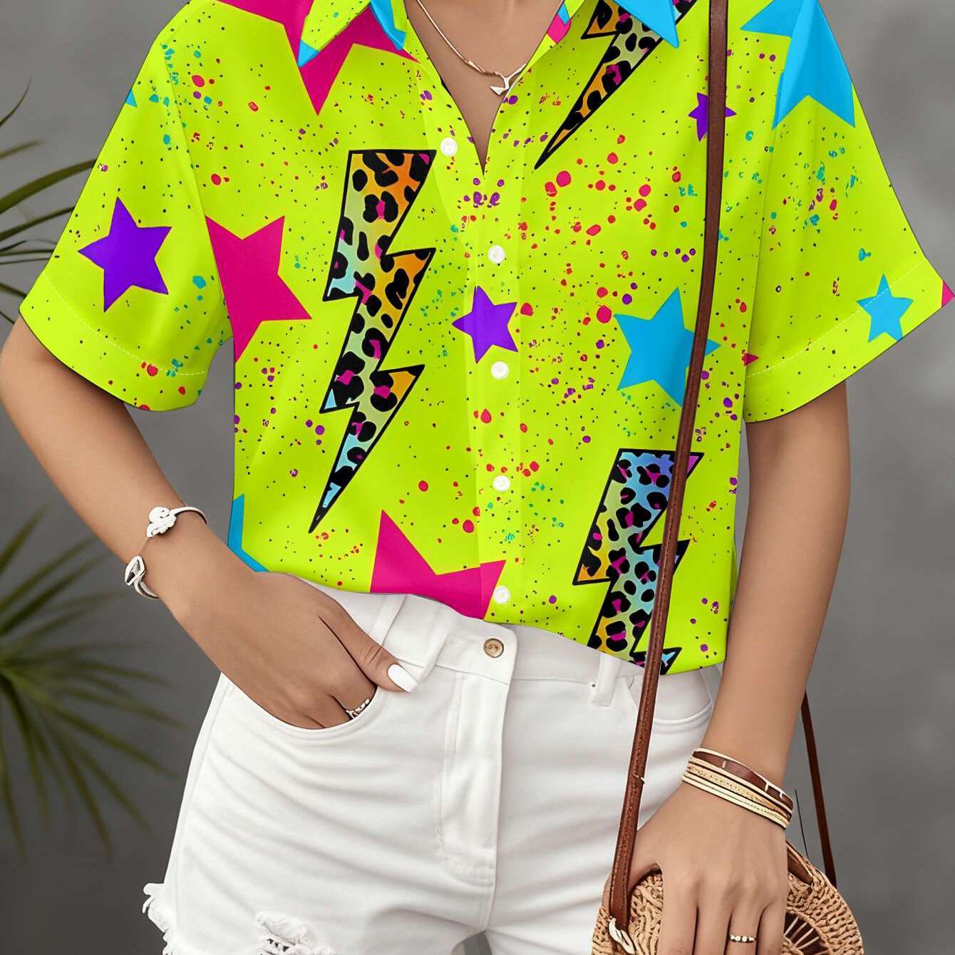 TEMU New Women's Short-sleeve Shirt With Fluorescent Base, Colorful Star Leopard Print, And Lightning Flat Print Design. A Versatile Casual Top For