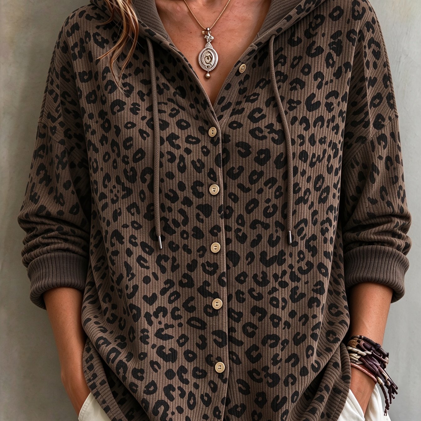 TEMU Plus Size - Autumn Winter New Women's Plus Size Fashion Corduroy Stripe Leopard Print Hooded Long Sleeve Shirt