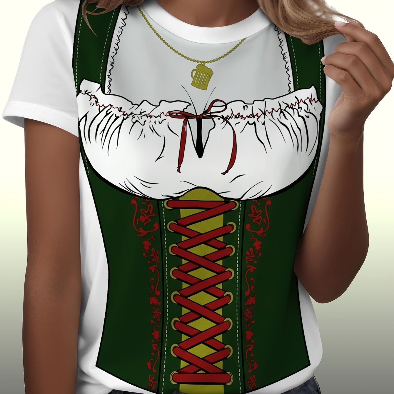 TEMU Women's Oktoberfest T-shirt - Green And Red Alpine Accordion Pattern Short Sleeve Top
