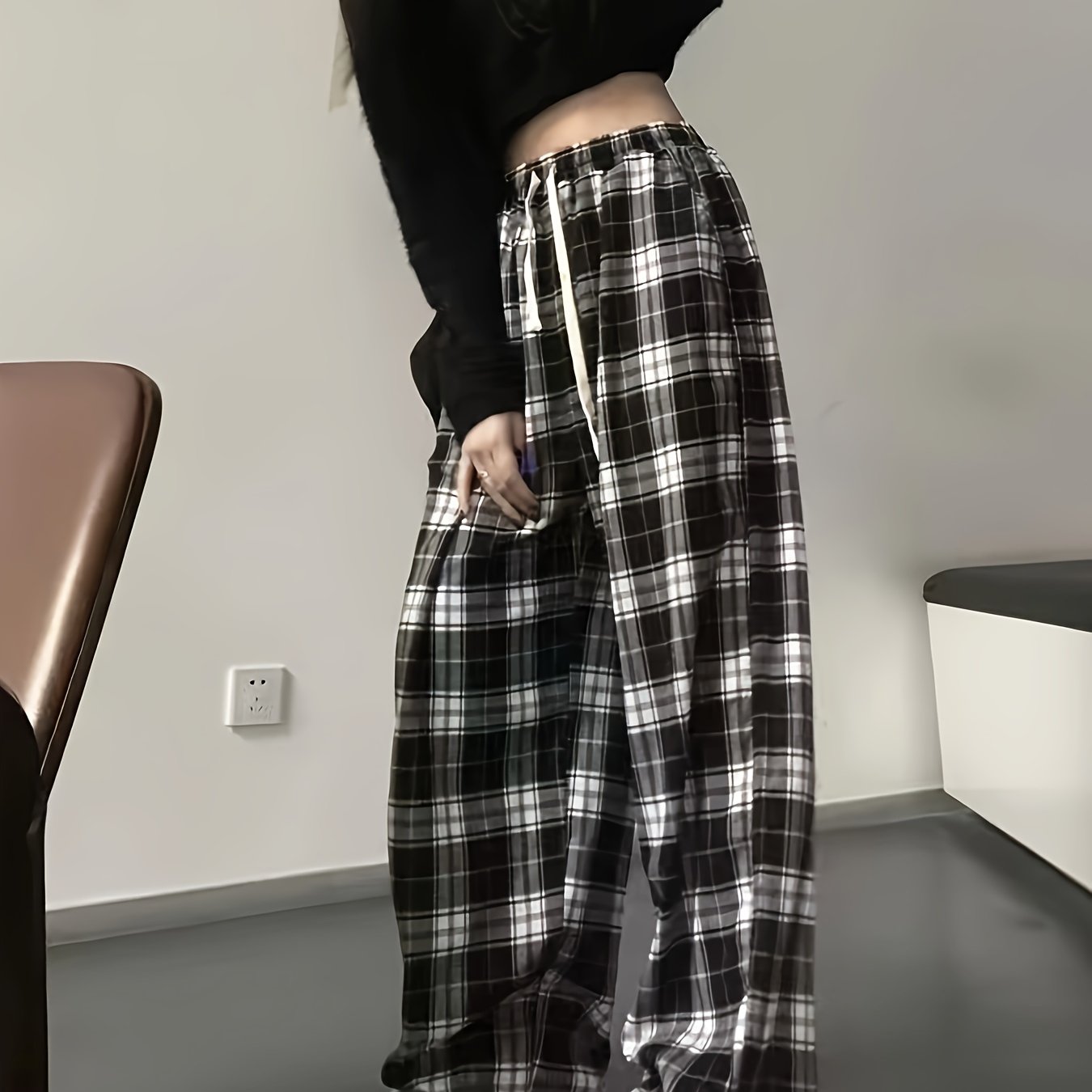 TEMU Trendy Women's High-waisted Wide-leg Pants, Summer Casual Straight Color Block, Elastic Waist, Y2k Wide-leg Pants Women's Clothing