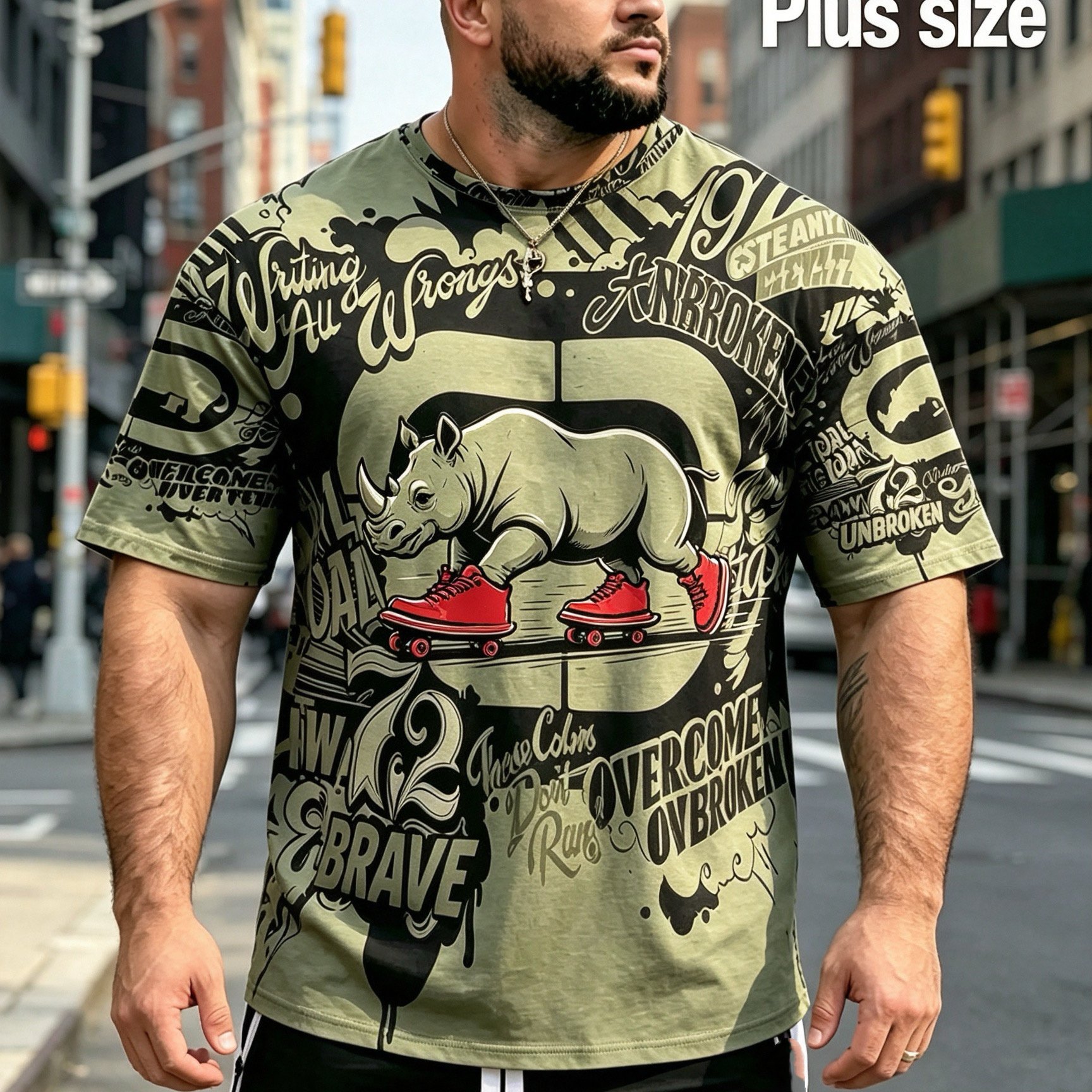 TEMU Plus Size Men's Short Sleeve T-shirt, Sizes 2xl-9xl, Skate Vintage English Graffiti Pattern, Loose Round Neck Top, Stretch Breathable Polyester