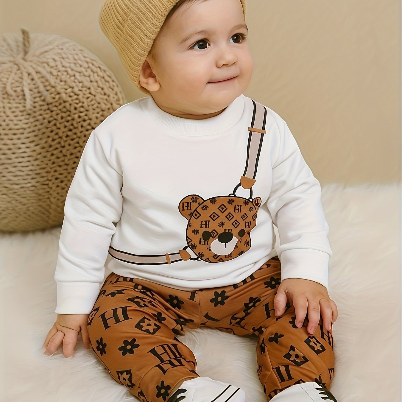 Image of Personalized Crossbody Bear Bag Print White Minimalist Long-sleeved Sweatshirt Versatile Letter Print Light Brown Pants Baby Two-piece Set, For Outdoor