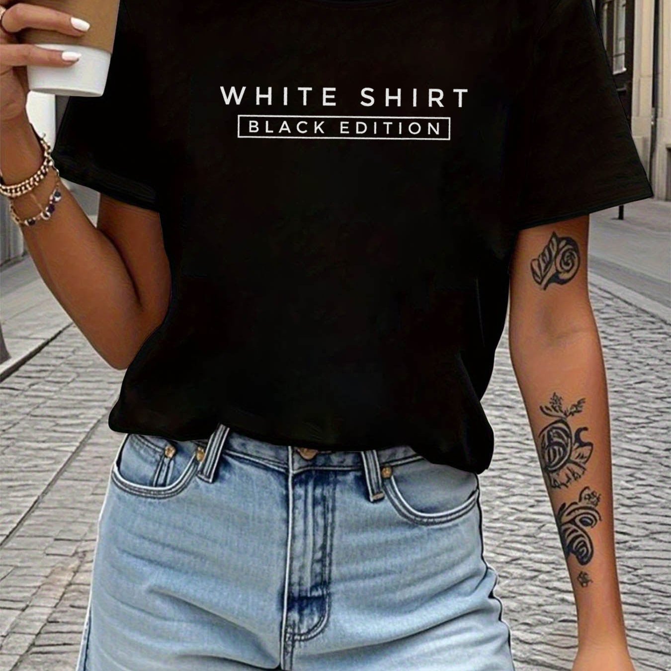TEMU White Shirt Black Edition Print Women's T-shirt, Short Sleeve Crew Neck Casual Top For Summer And Spring, Women's Clothing