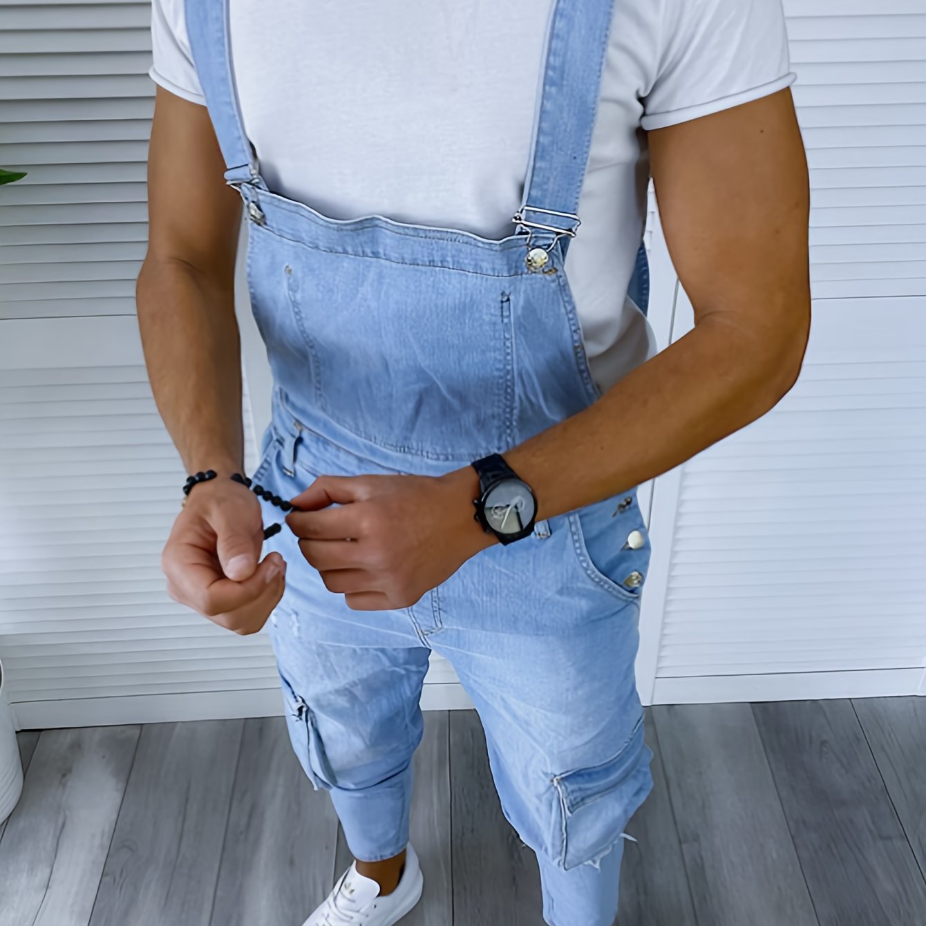 Image of European And American Men's New Style Overalls Pants Solid Color Side Pocket Hip-hop Slim-fit Denim Suspender Long Pants Jumpsuit