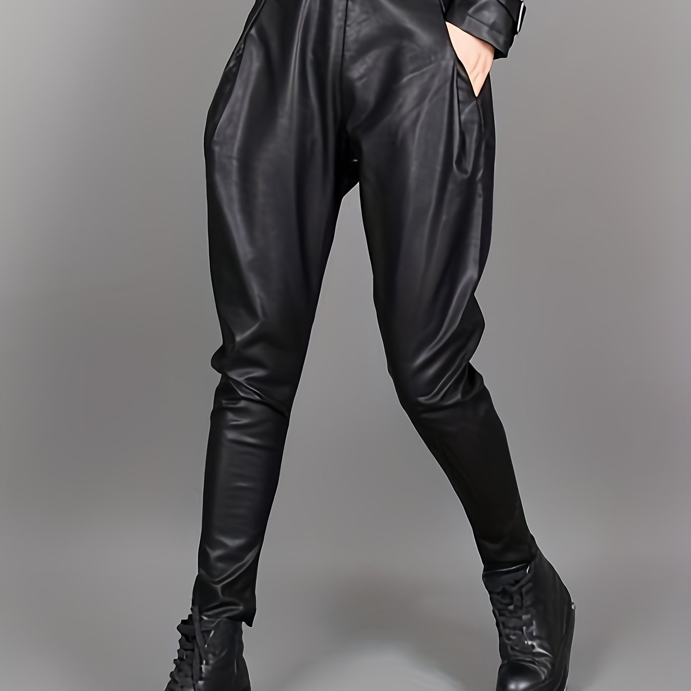 Image of Women's Pu Elastic Drawstring Waist Stretchy Harem Pants, Fashionable Casual Versatile Skinny Flared Pants