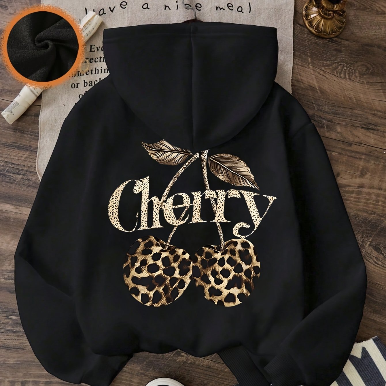 Image of Women's Casual Hooded Sweatshirt - Printed With Leopard Print Cherry Pattern, Regular Version Hooded Sweatshirt, Suitable For Autumn And Winter , Women's Clothing