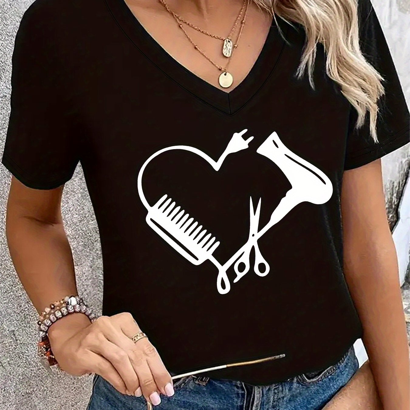 TEMU T-shirt con stampa , top casual a maniche corte con scollo a V per estate e , abbigliamento da donna