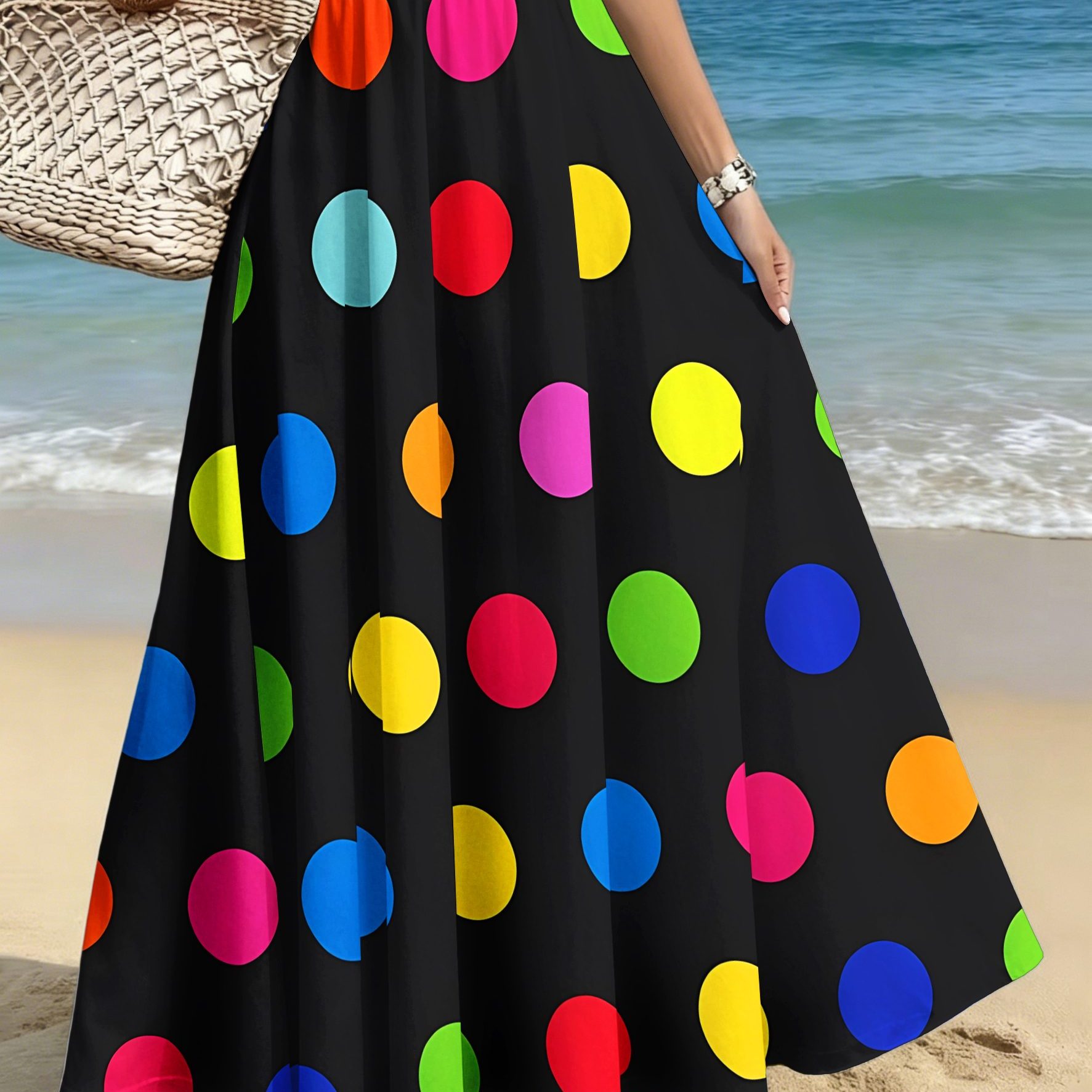 TEMU Plus-size Women's Elegant And Stylish Midi Skirt, Casual Printed Midi Dress, Colorful Polka Dot Arrangement Print,