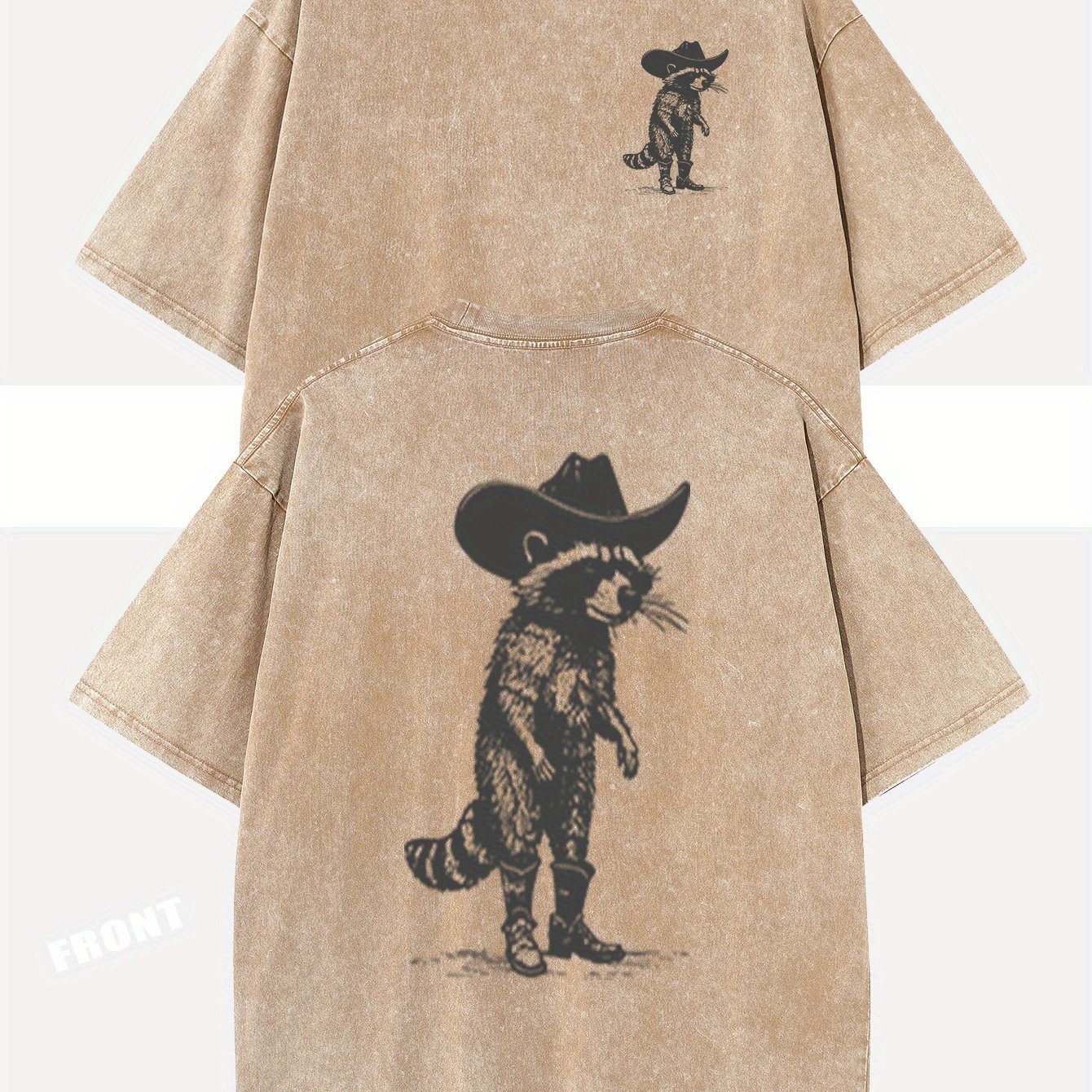 TEMU Fashion Raccoon Design Printed Cotton, Oversize Shoulder Retro Loose Hip-hop Men's And Women's Tops Autumn Summer Do Old Washed T-shirt Short Sleeve Round Neck T-shirt