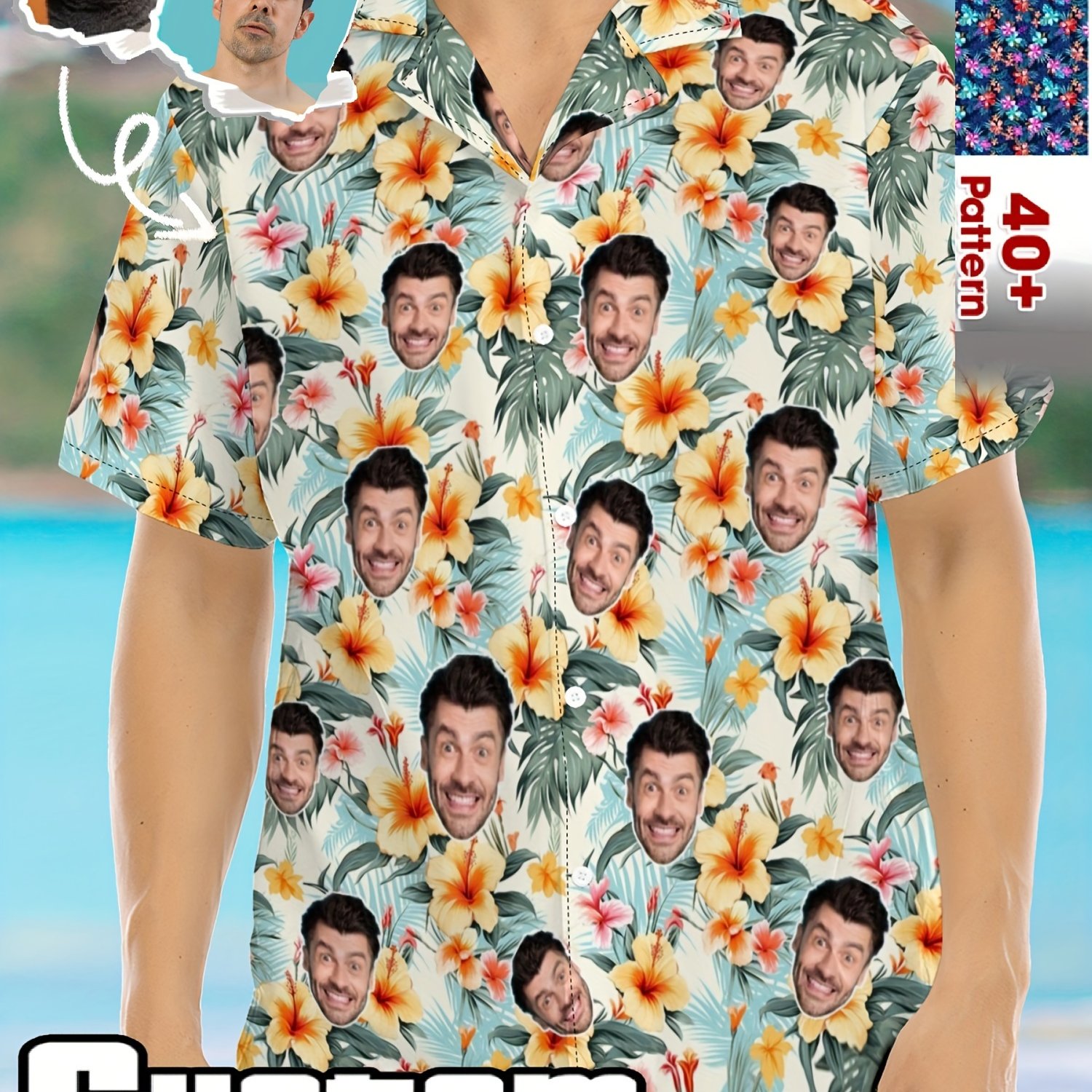 TEMU Jia+ Product : Custom Men's Hawaiian Shirt With Custom Face Print. Add Your Full-face Image For Digital Printing On The Shirt's Pattern In Any