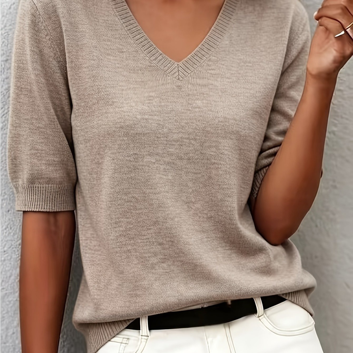 TEMU Women's Lightweight V-neck Top, Short Sleeve Casual Sweater For