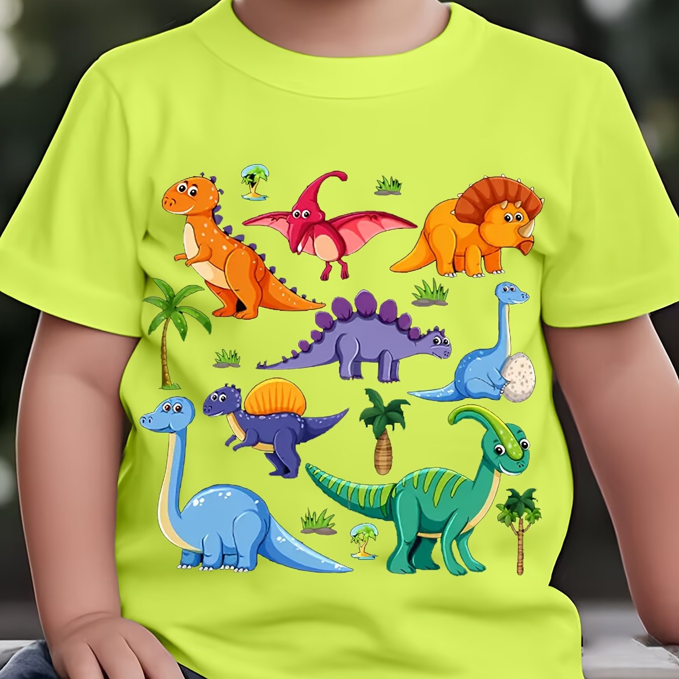 Image of Boys And Girls Cartoon T-shirt, Dinosaur Pattern Breathable Comfortable Short Sleeve Round Neck Top, -8, Summer Clothing