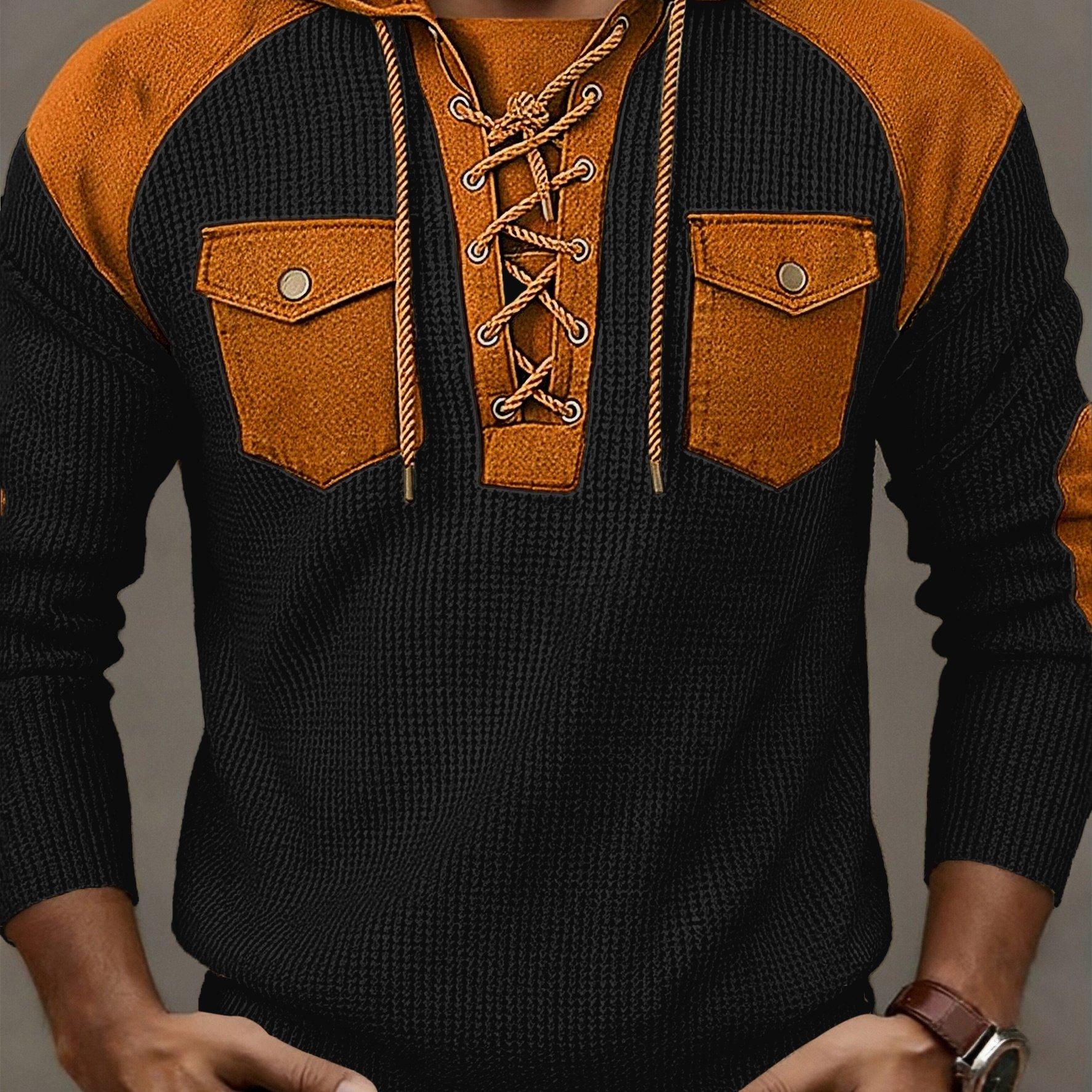 TEMU [starry Obm] Men's Spring/summer Textured Drawstring Hooded Shirt, Men's Hooded Pullover, Shoulder Top, Multifunctional Jacket, Retro Versatile