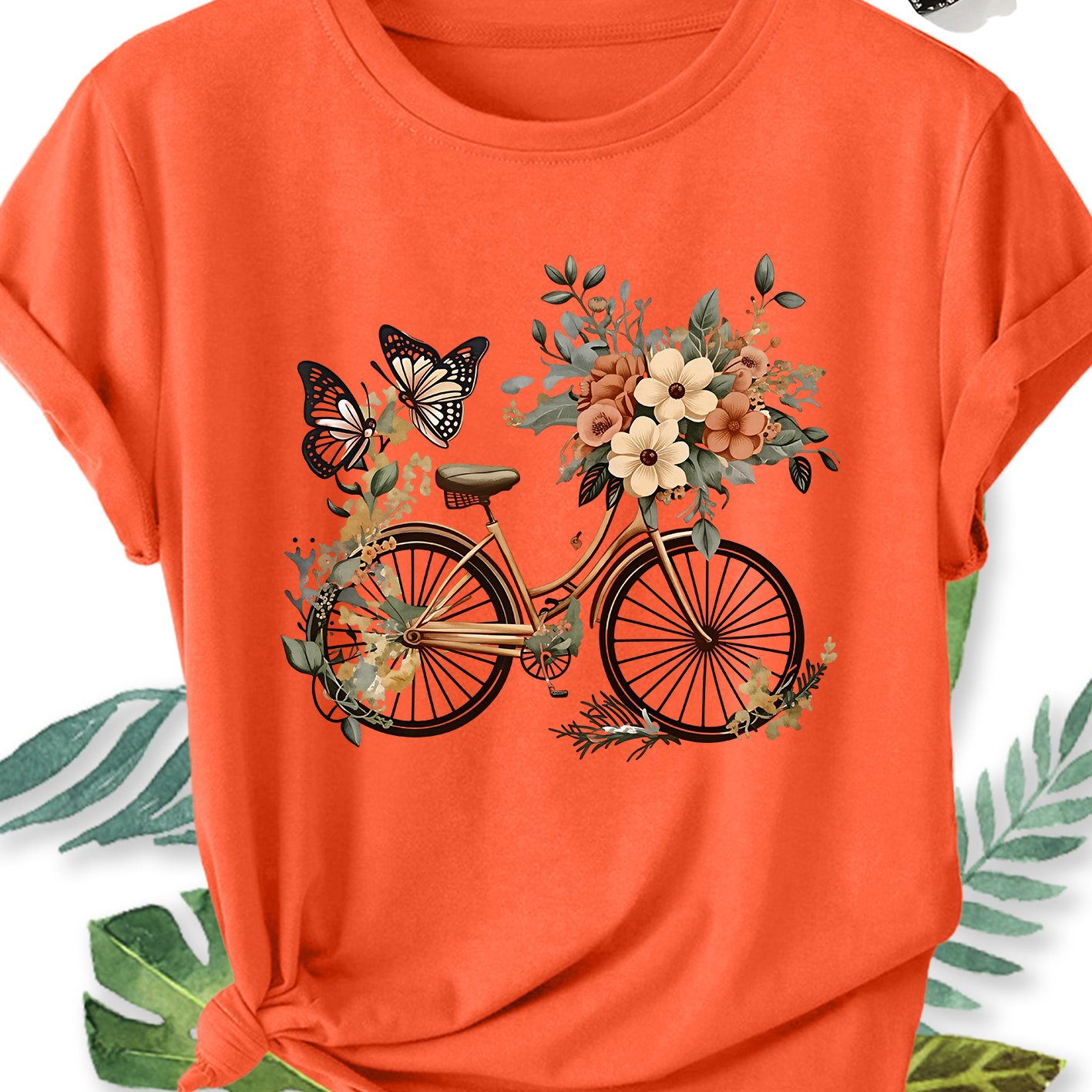 TEMU Women's Elegant Style Plus Size Loose Short Sleeve Vintage Bicycle Carrying A Bouquet With Print Pattern Round Neck Comfortable Soft Breathable