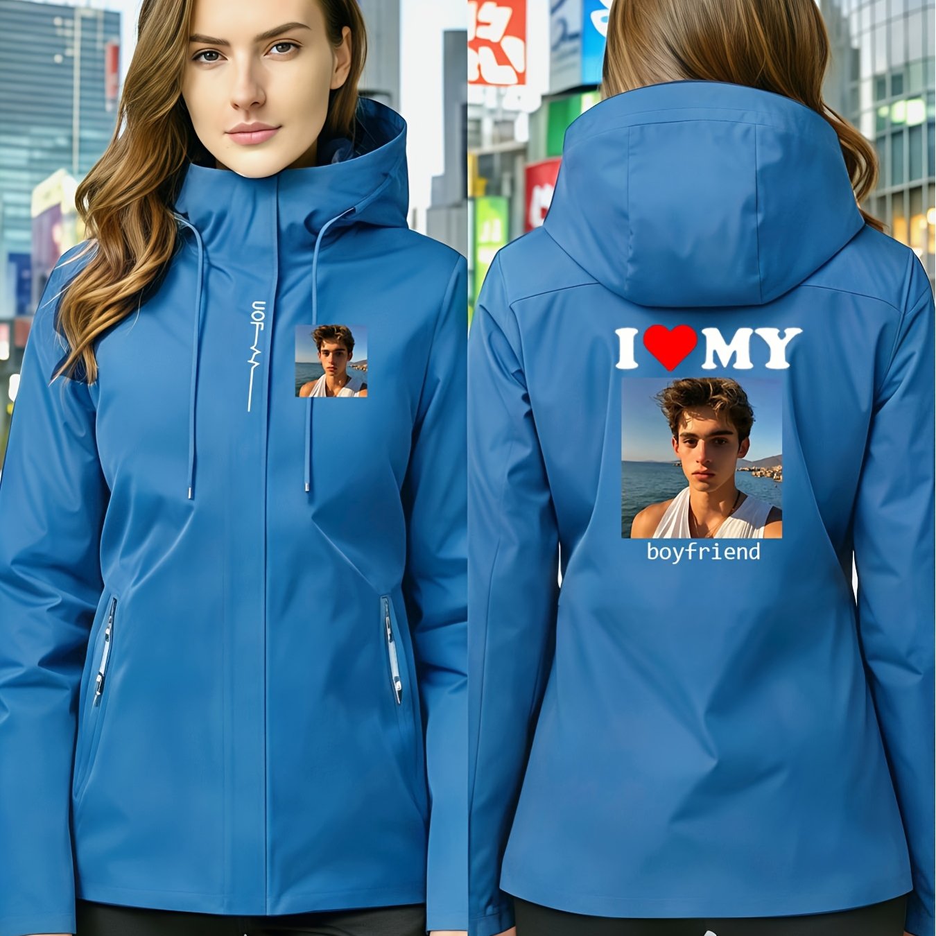 TEMU Custom Logo Softshell Jacket For Men And Women | Full-zip Hooded Windproof Outerwear, Valentine's Day Custom Couple's Windbreaker Jacket | Add