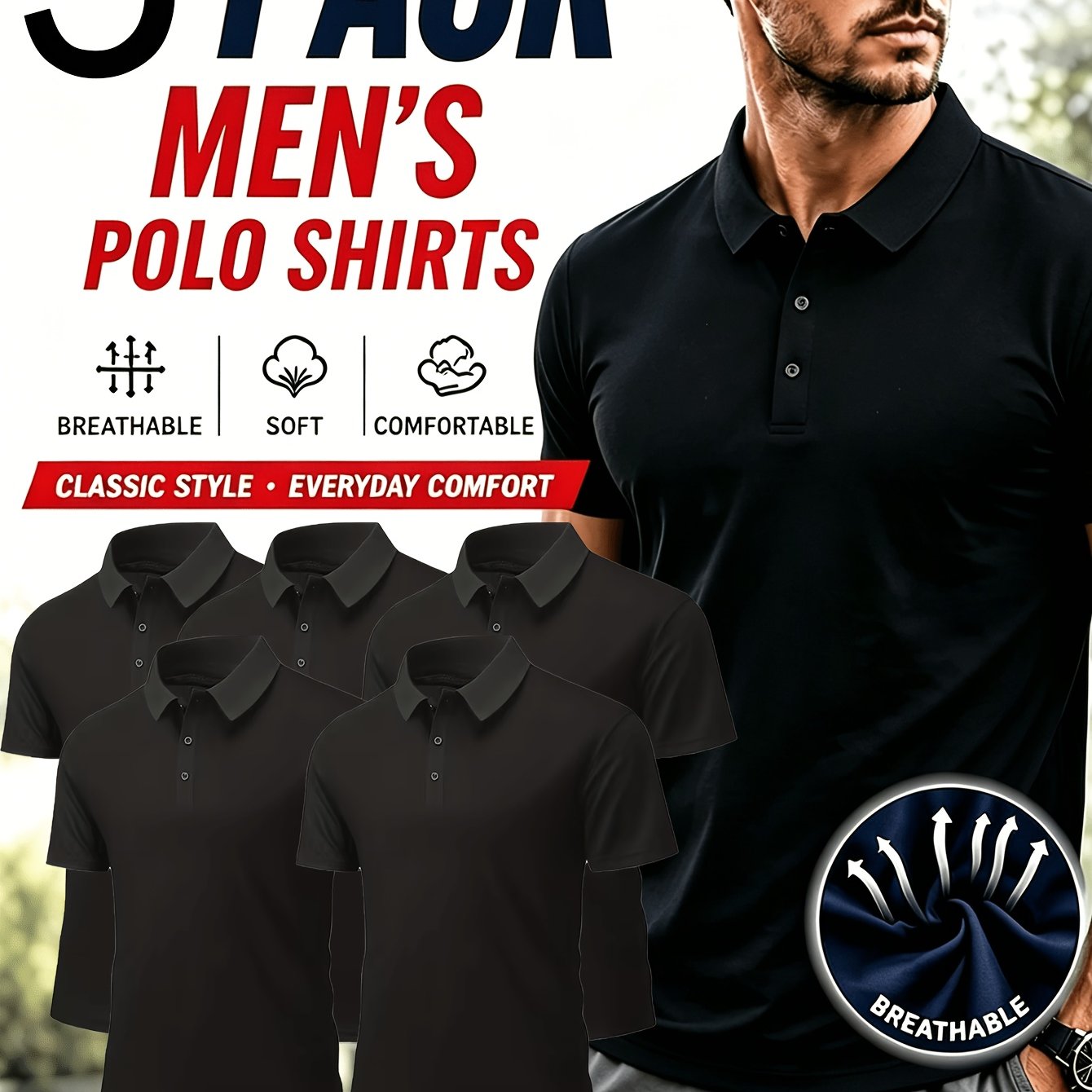 TEMU 5-pc Solid Color Men's Quick-dry Breathable Shirts, Moisture-wicking Short Sleeve Golf Attire For Men, Casual Business Collared Top, Solid Color