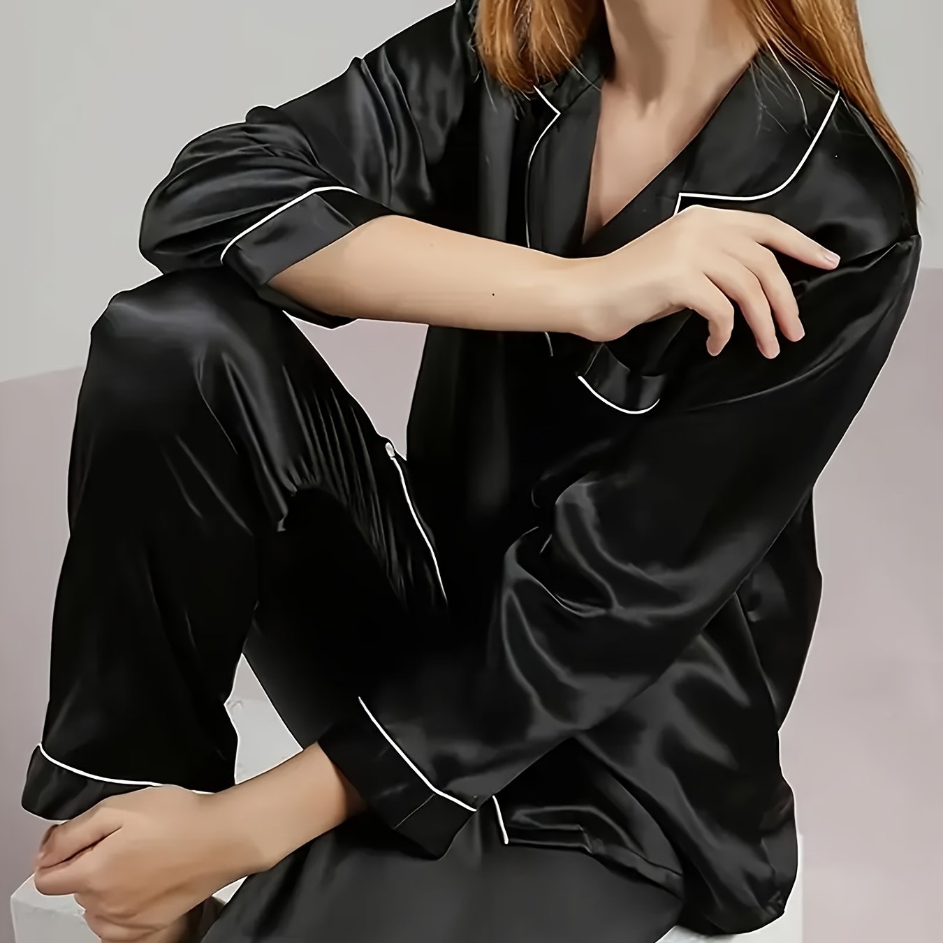E-shop Damen Hauskleidungsset mit kontrastfarbenem Kragen, langen Ärmeln und langen Hosen, kontrastierendes Pyjama-Set für alle Jahreszeiten, weicher,