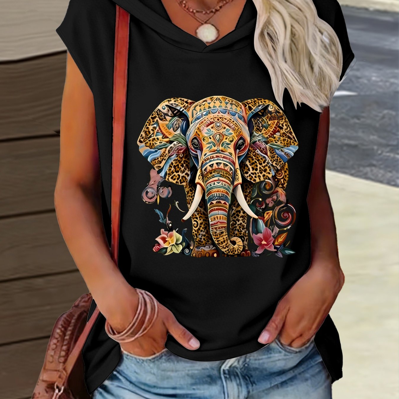 TEMU 1pc Hooded Elephant Multicolor Style Unique Summer New Y2k Style Women's Athletic Suit Elegant Fashion Comfortable T-shirt Top