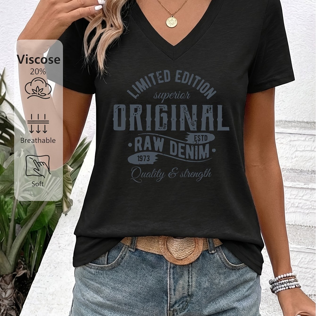 E-shop Damen T-Shirt mit V-Ausschnitt, kurzen Ärmeln Farbdruck, " EDITION ORIGINAL 1973" Vintage-Denim-Druck, hautfreundlich, atmungsaktiv texturiert.