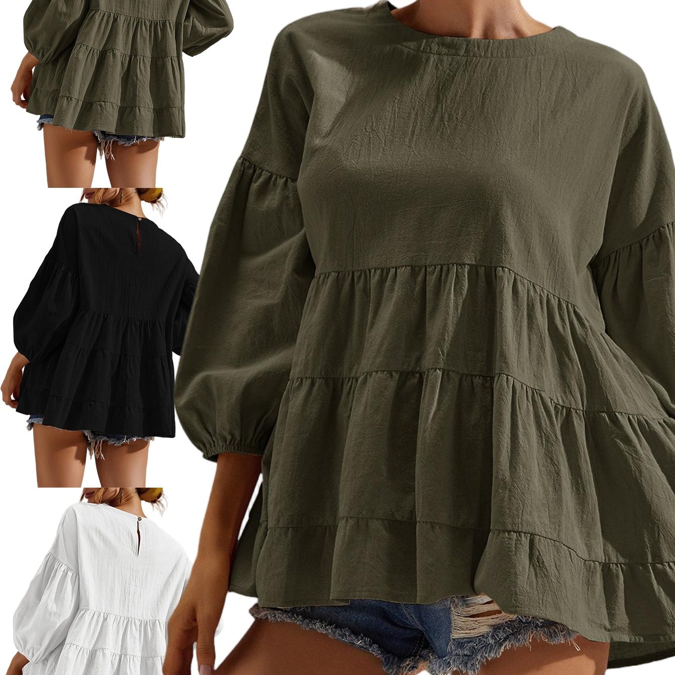 Image of Women's Peplum Tops 3/4 Lantern Sleeve Crewneck Loose Babydoll Shirt Blouse