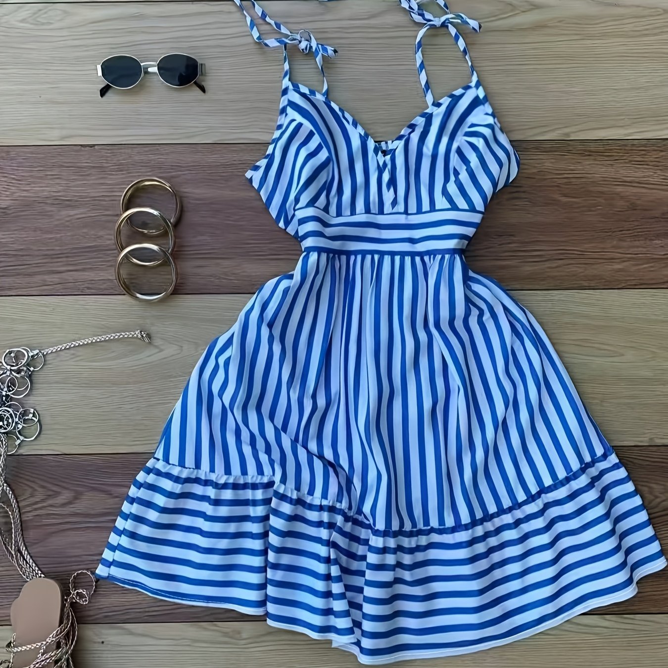 TEMU Blue And White Striped Suspender Strap Bow V-neck Waist Back Elastic Waist Off-shoulder Dress, Suitable For Dating Parties Gatherings Beach