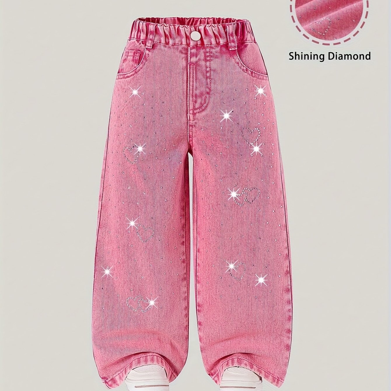 Image of Girls' Pink Heart Sequin Loose Denim, Y2k Sweet Long Pants, High-waist Straight Leg Slimming Design, Loose , -friendly Fabric, Suitable For Spring Autumn Winter Daily Wear, Campus Street Style Outfit