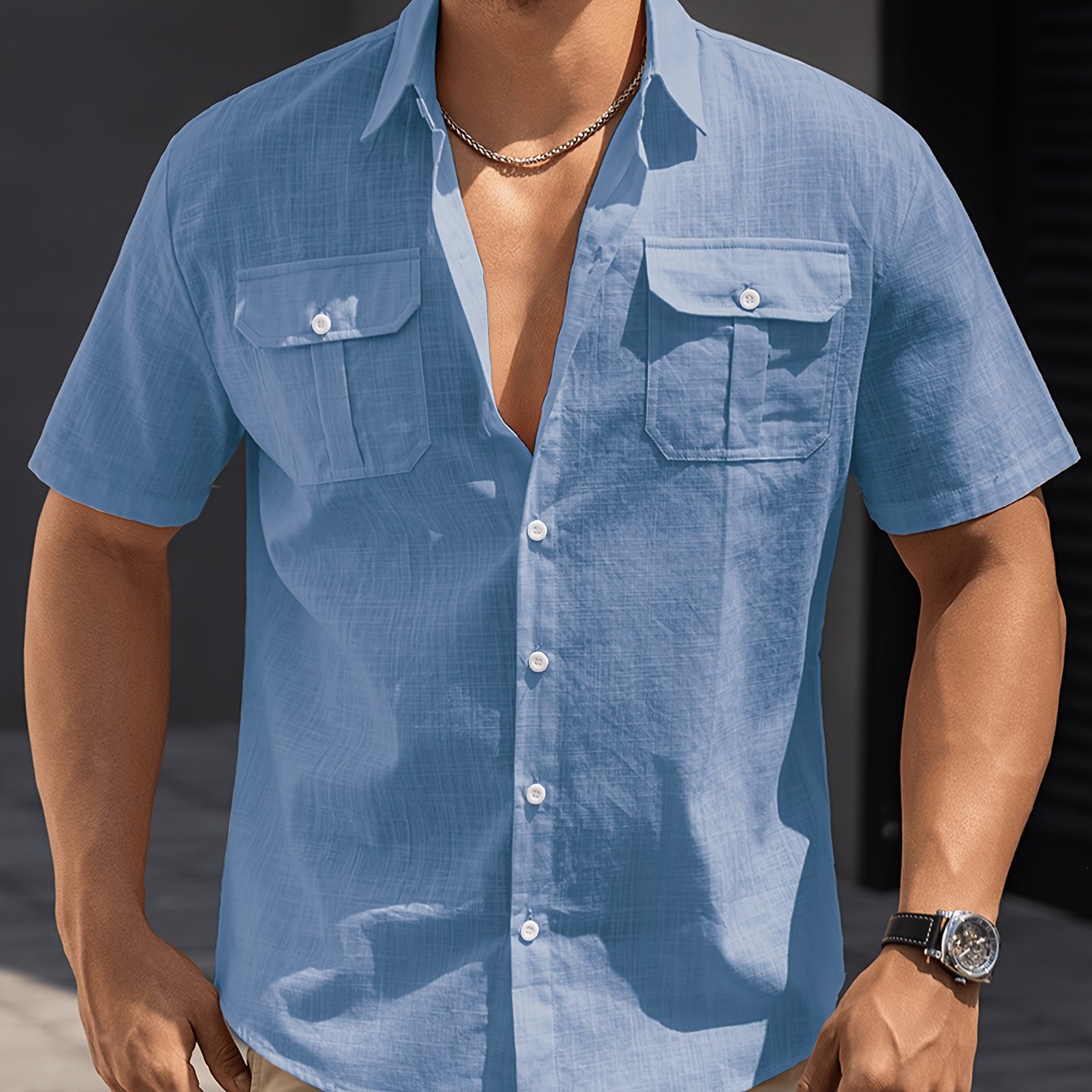 Men's Loose Size Short Sleeve Shirt Summer Thin Breathable British Collar Solid Color Retro Shirt, Plus Size