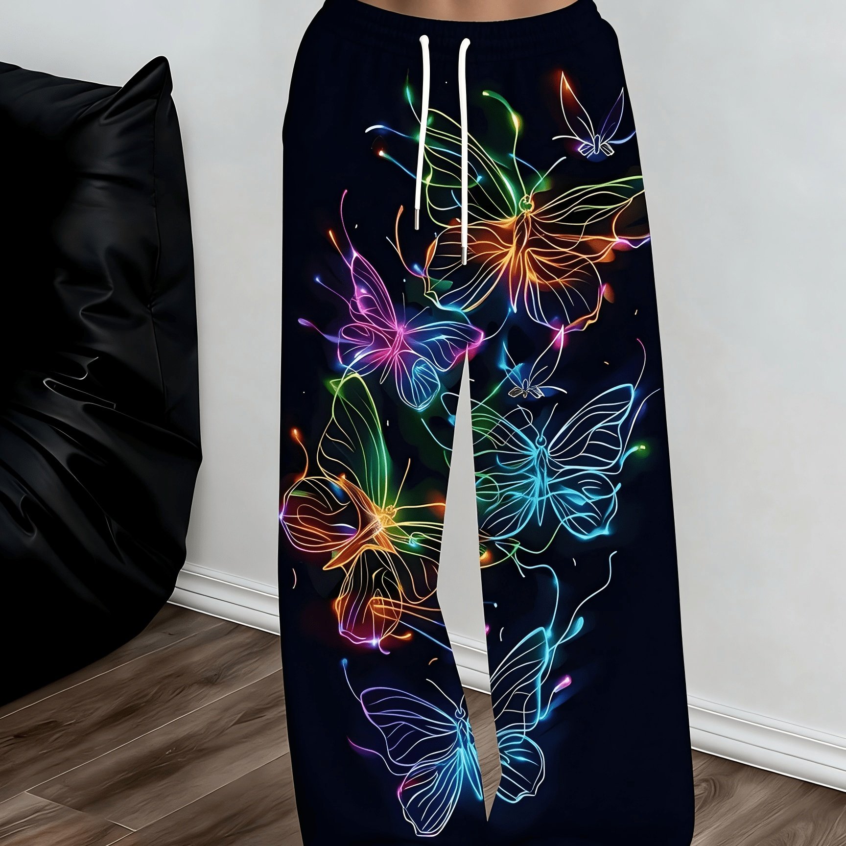 TEMU Pantalon de jogging pour femme à motif papillon fluo phosphorescent, avec poches, taille élastique et coupe droite