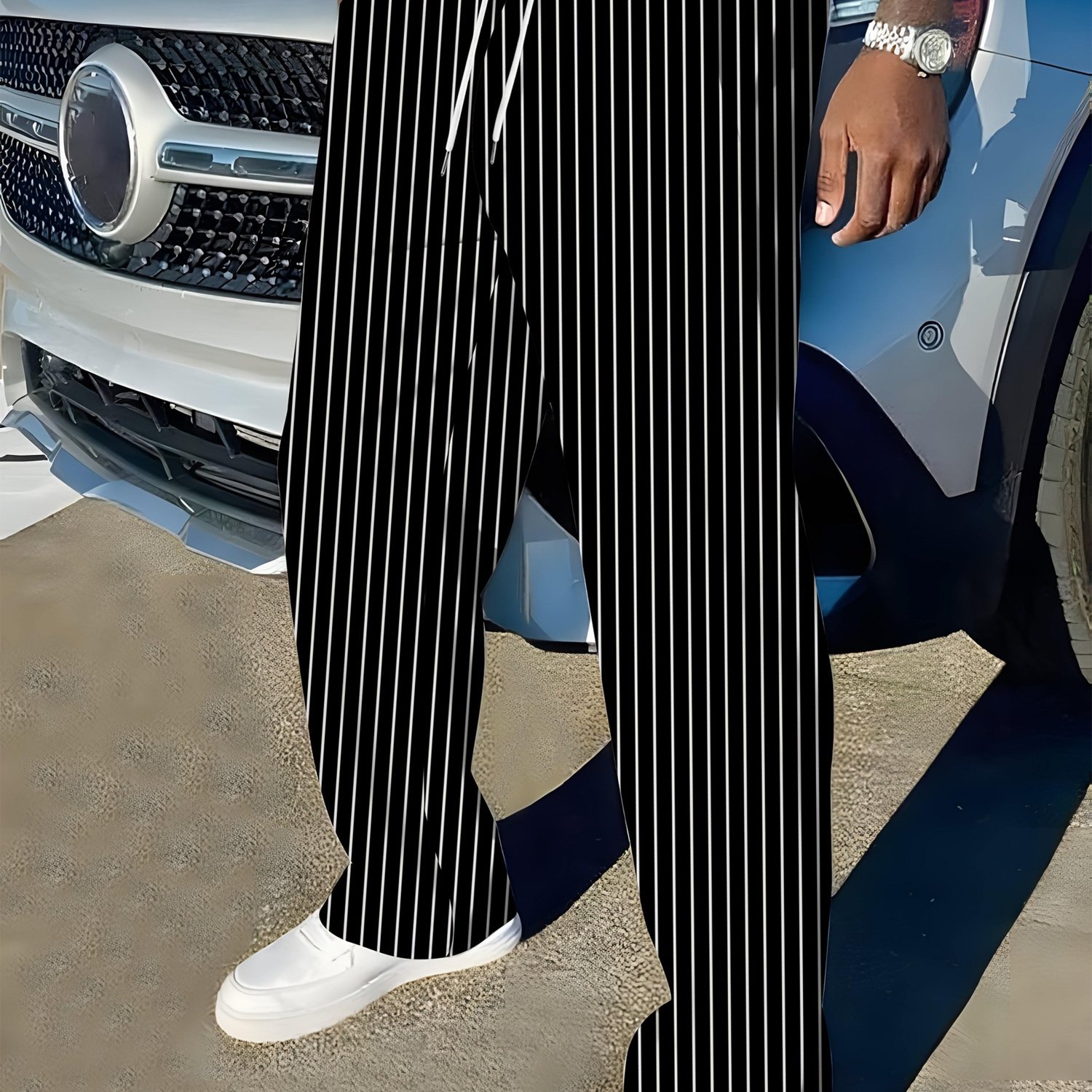 TEMU Men's Plus Size Long Pants, 1pc, Trendy Drawstring Waist, Black And White Striped Print, Outdoor Sports, Casual, Vacation, Loungewear, Sleep