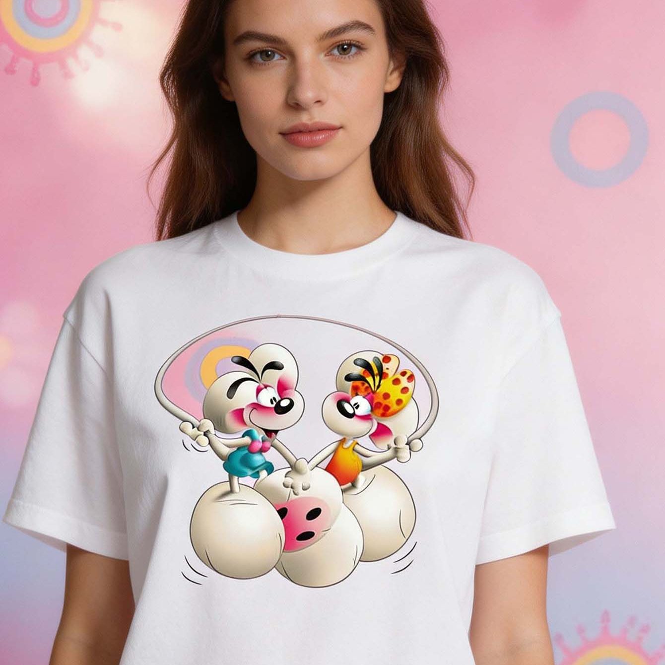Cute Cartoon Mouse Playing Ball Pattern Women Loose T-shirt Casual Short Sleeve White Round Neck Daily Wear Tee Festival Gift