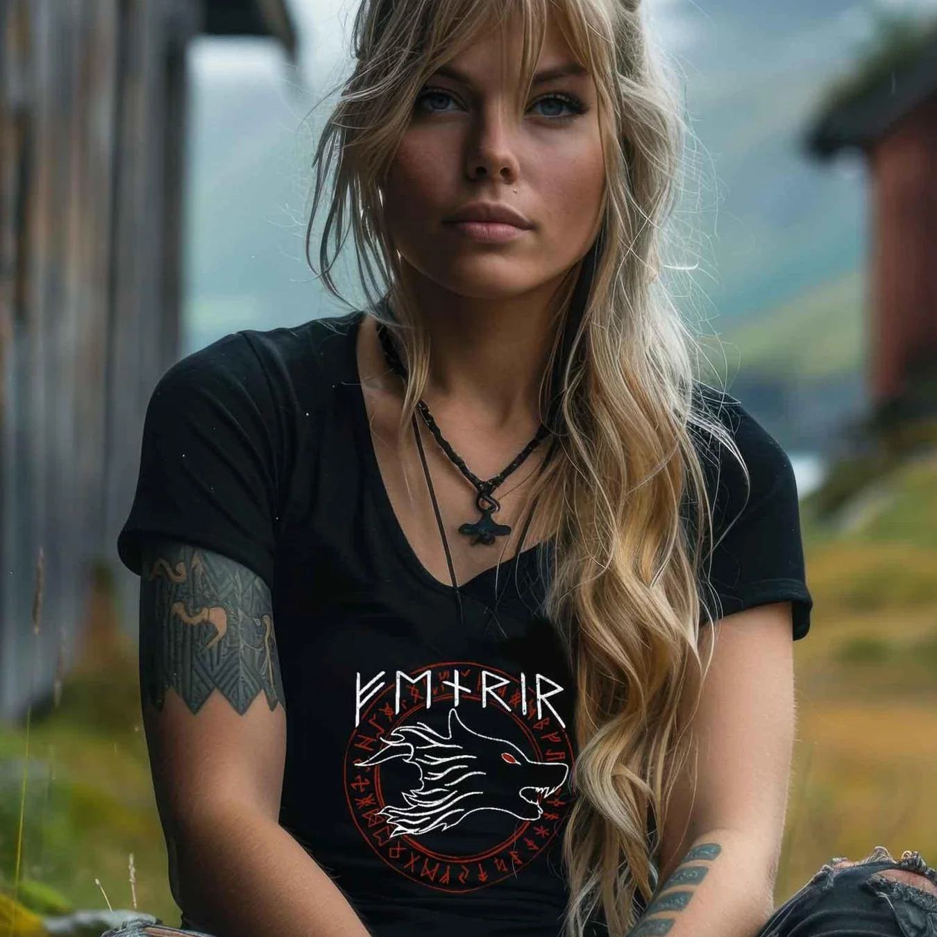 Shieldmaiden V-neck T-shirt | Fenrir Nordic Viking Wear, Pop Art Pattern, , Suitable For