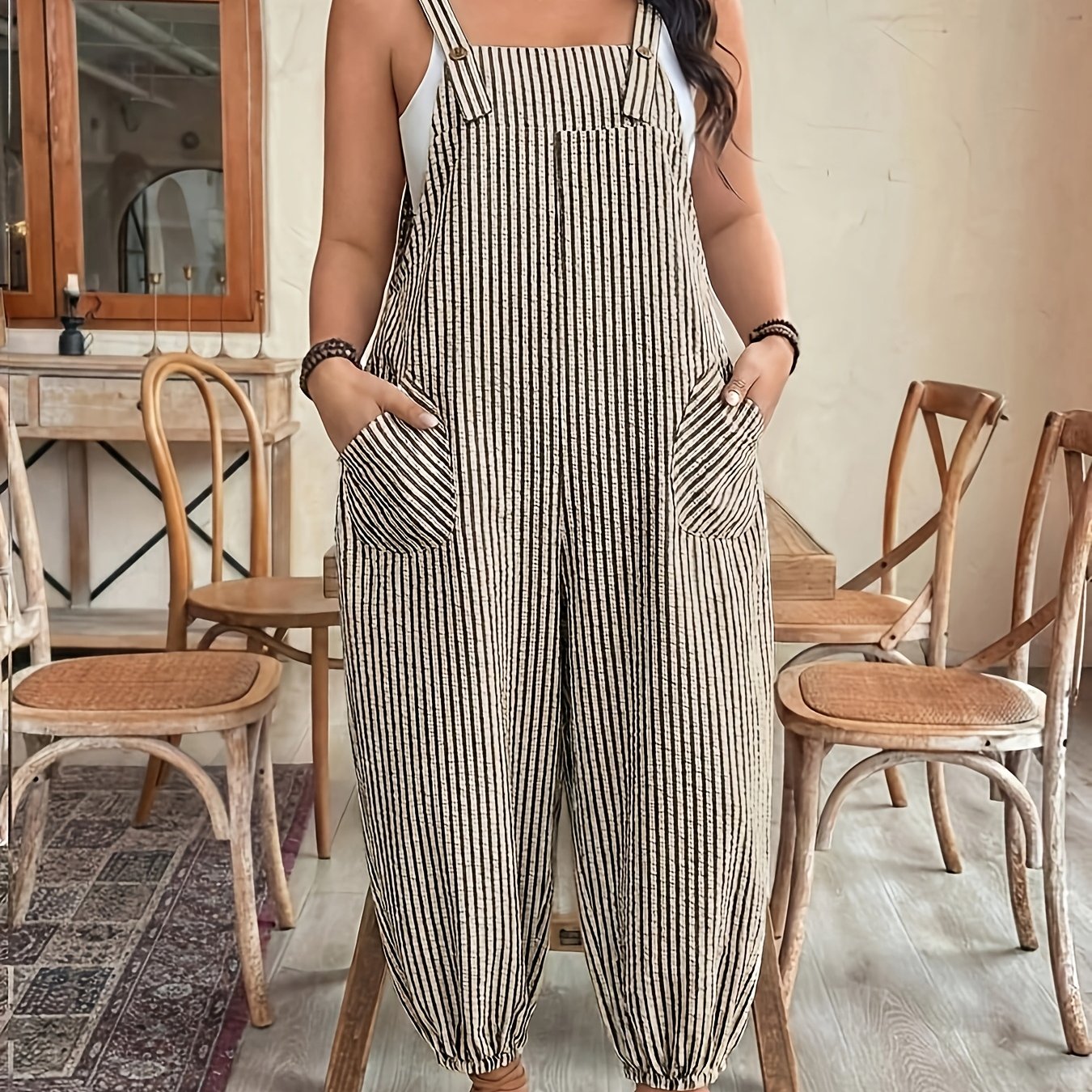 TEMU Plus Size Women's Elegant Striped Pocket Jumpsuit, Suitable For Spring/summer Work And