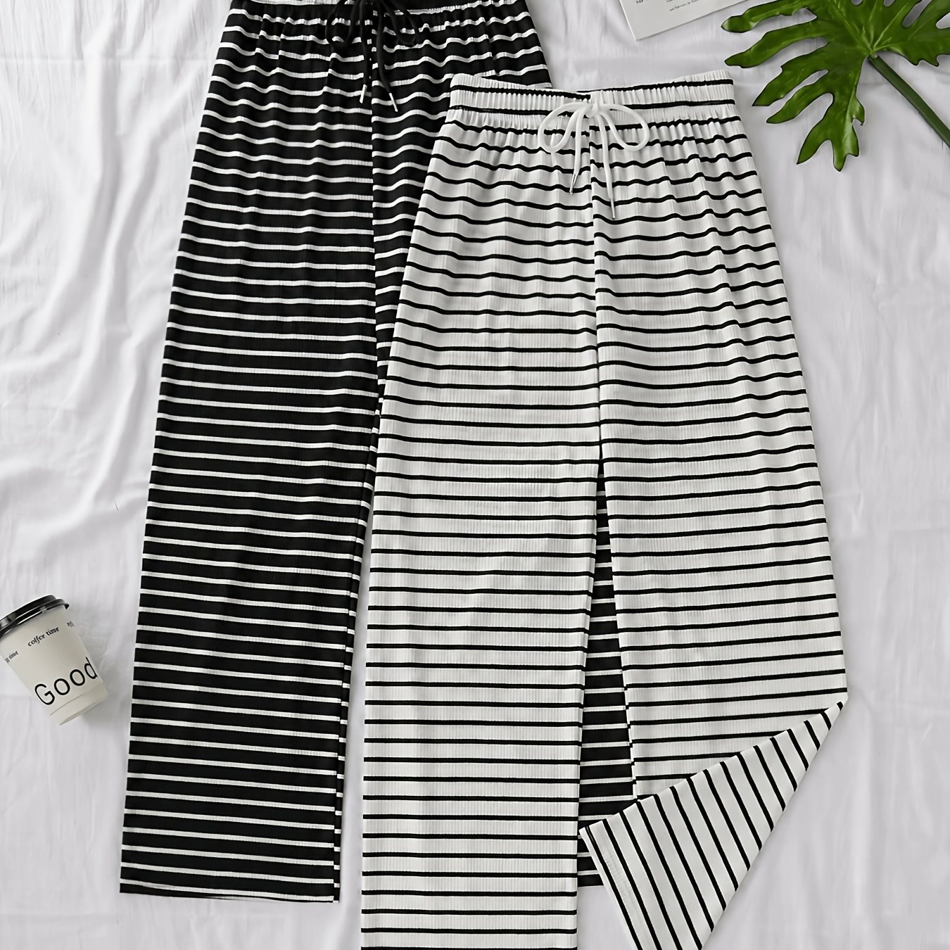 TEMU 2pcs Women's And White Striped Casual Pants – Drawstring Elastic Waistband Casual Wide-leg Long Pants. Comfortable Fabric And A Loose Fit You