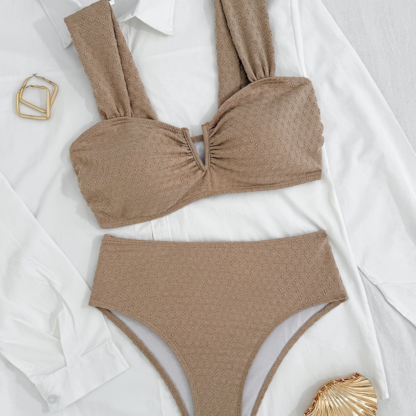 Bikini Set With Special Fabric, 2pcs Set, V-neck Top With Accessories